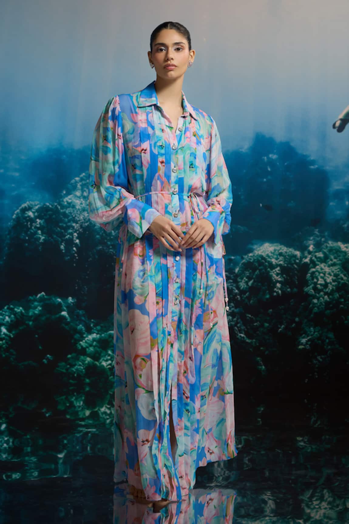THE IASO Ocean Bloom Maxi Shirt Dress 