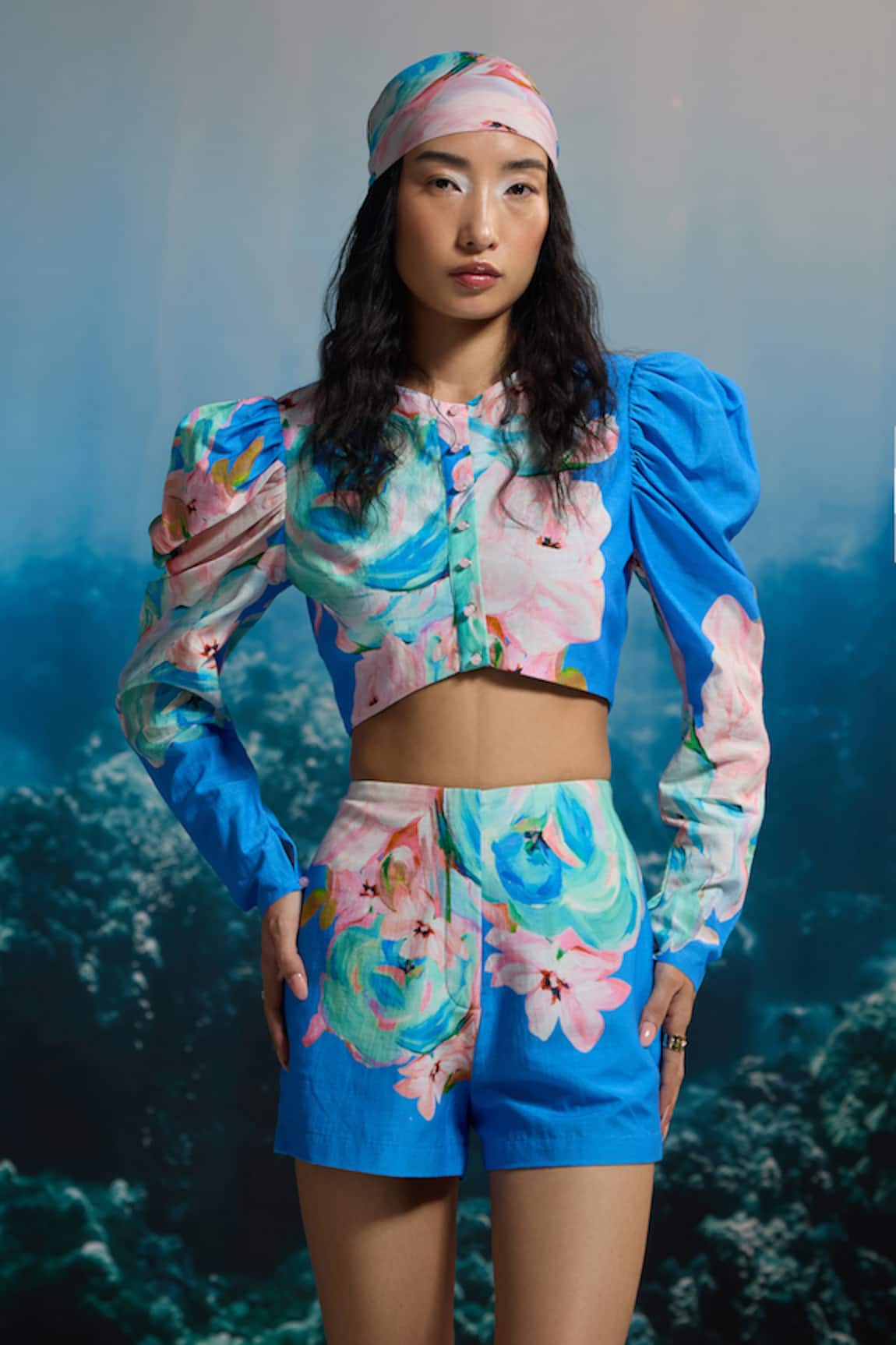 THE IASO Ocean Bloom Puff-Sleeve Crop Top 