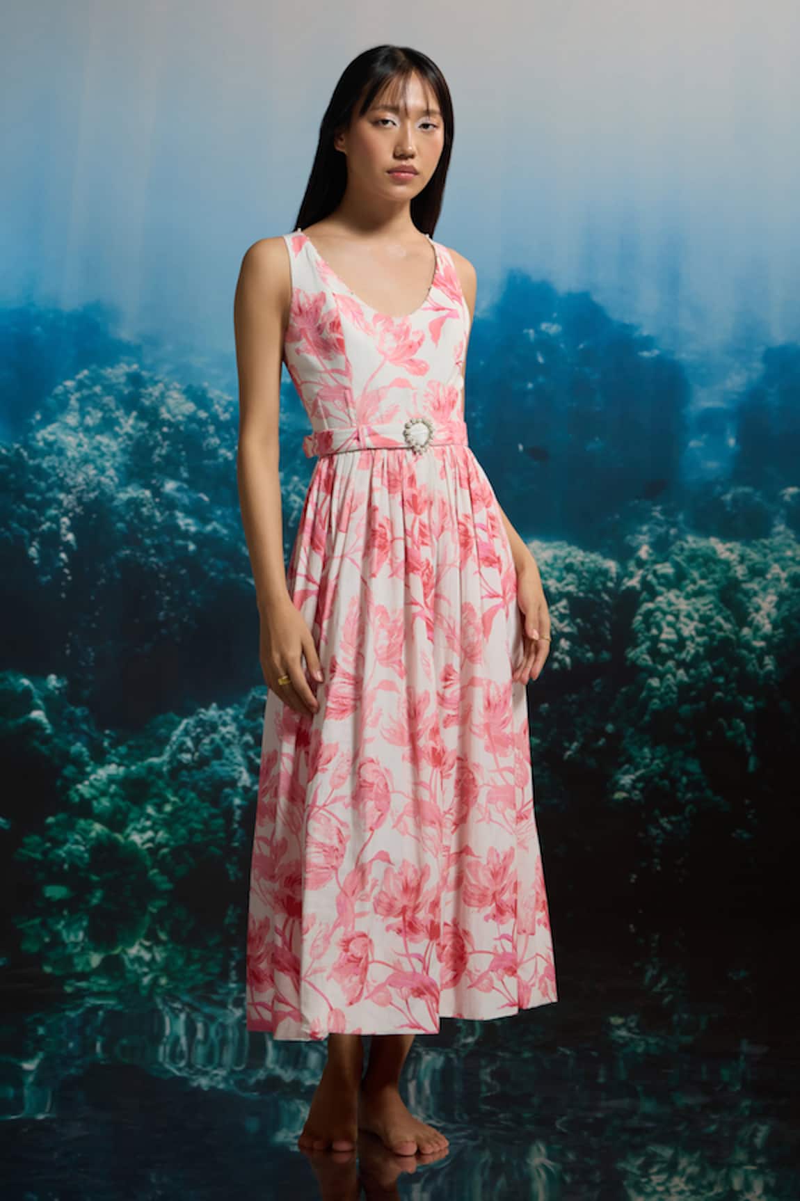 THE IASO Coral Bloom Belted Midi Dress 
