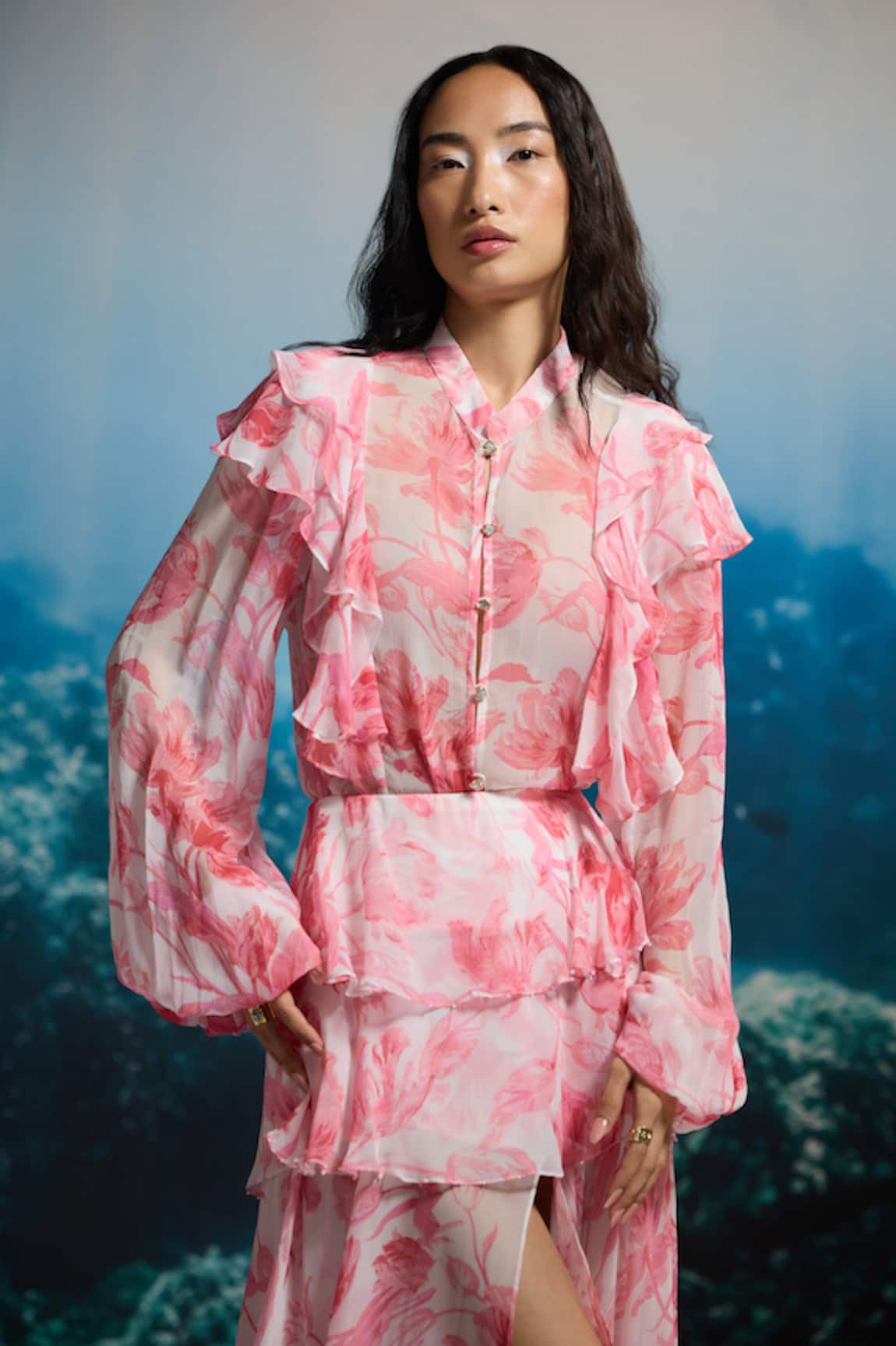 THE IASO Coral Petal Ruffle Shirt 