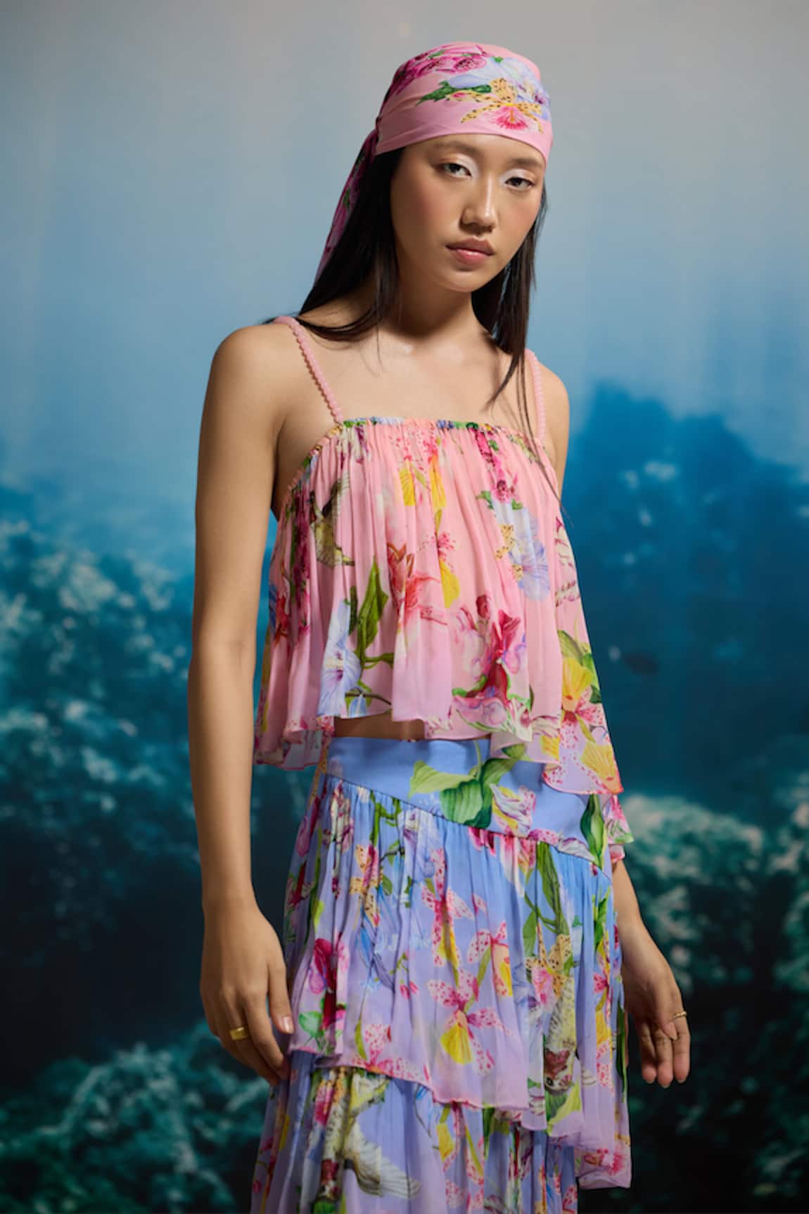THE IASO Floral Print Crinkle Chiffon Top 