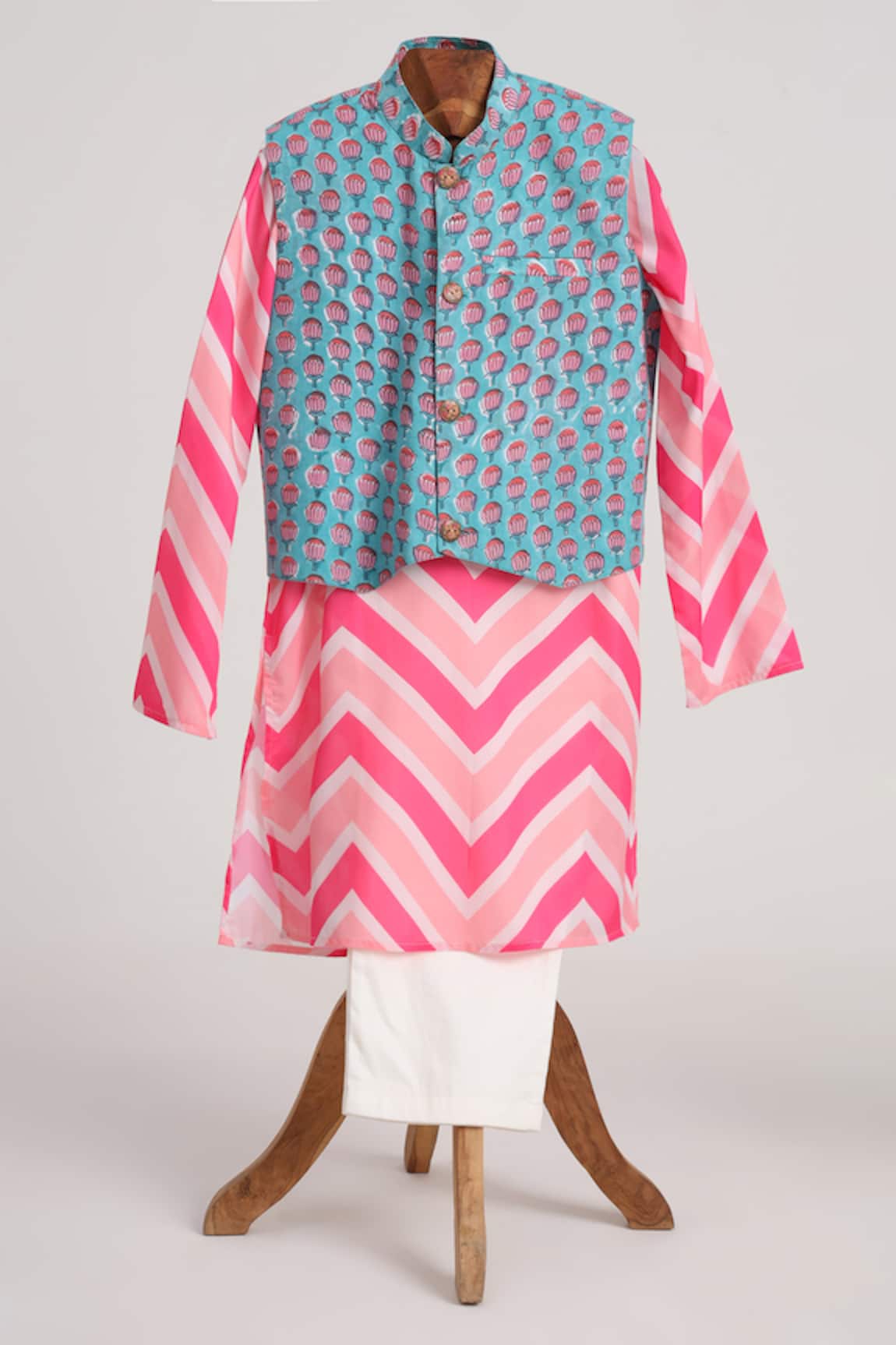 Minime Organics Pink & Blue Chevron Kurta Set 