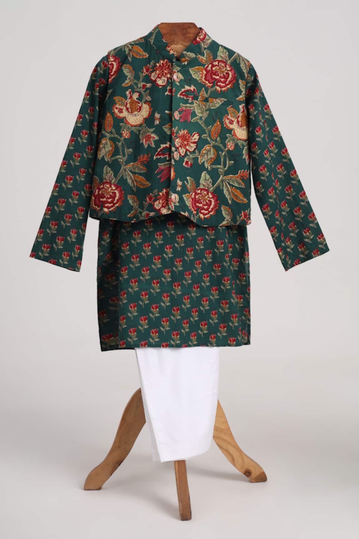 Minime Organics Bottle Green Block Printed Kurta Set 