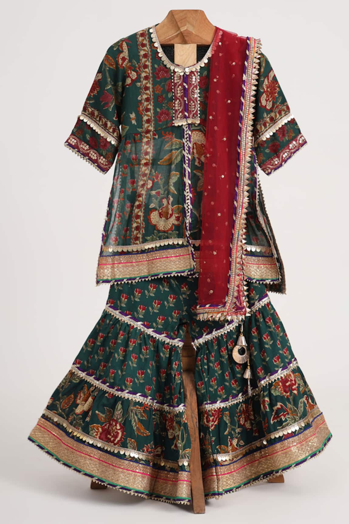 Minime Organics Bottle Green Block Printed Kurta Sharara Set 