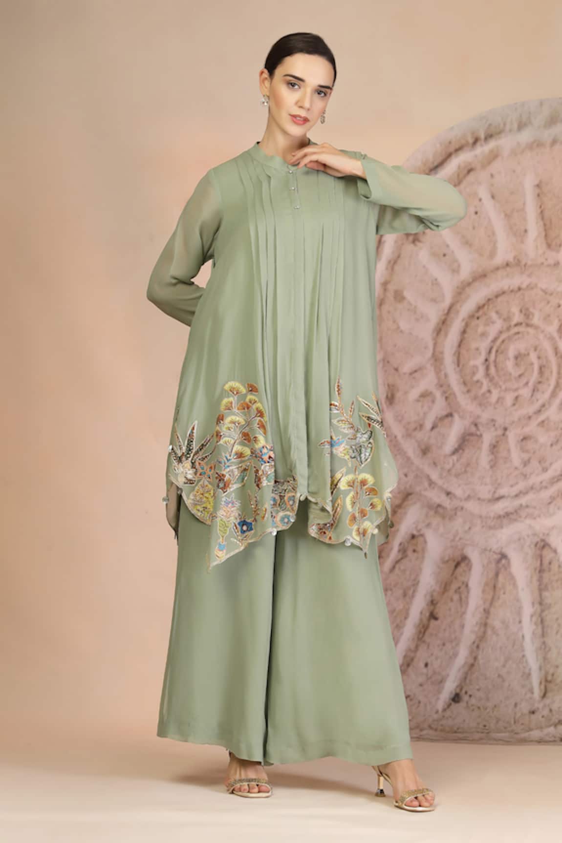 Soniya G Embroidered Pista Green Kurta & Palazzo Set 