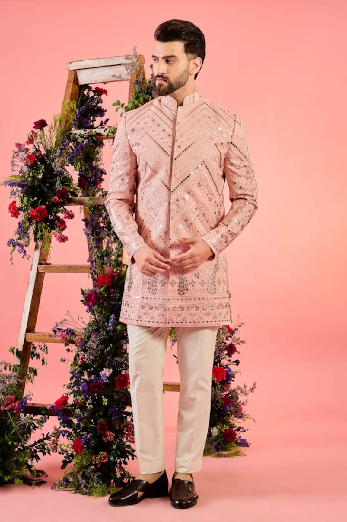 Kasbah Peach Leather Patchwork Sherwani 