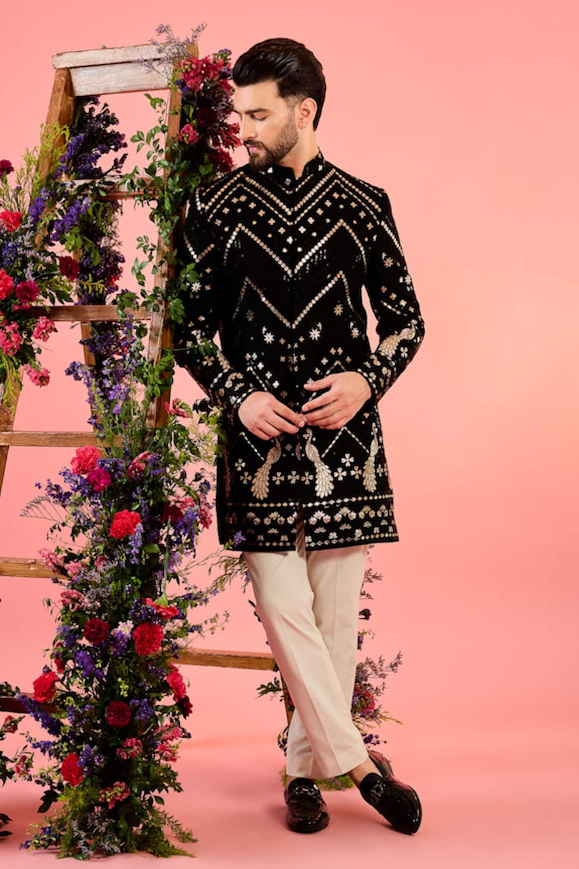 Kasbah Black Patchwork Designer Sherwani 
