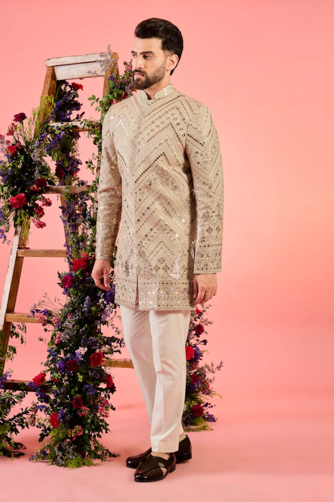 Kasbah Beige Leather Patchwork Sherwani 