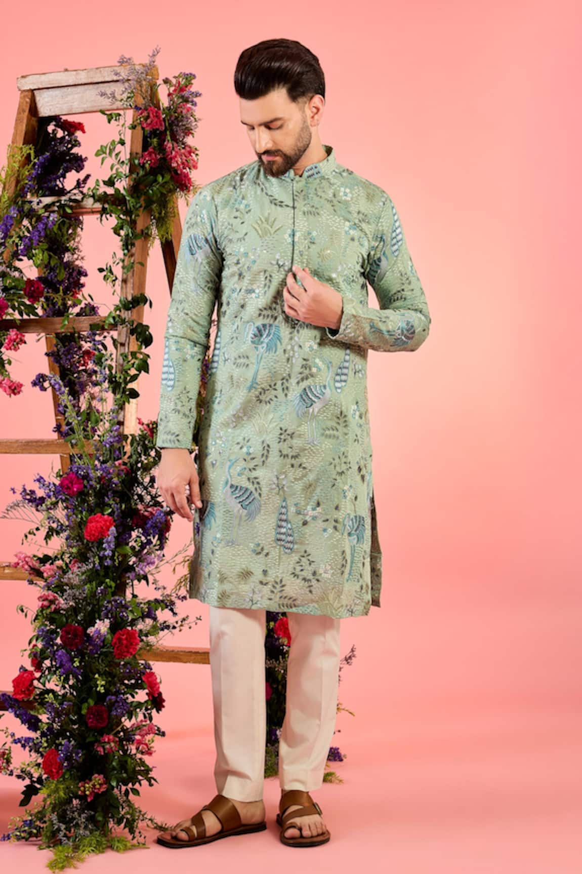 Kasbah Mint Green Embroidered Silk Kurta 
