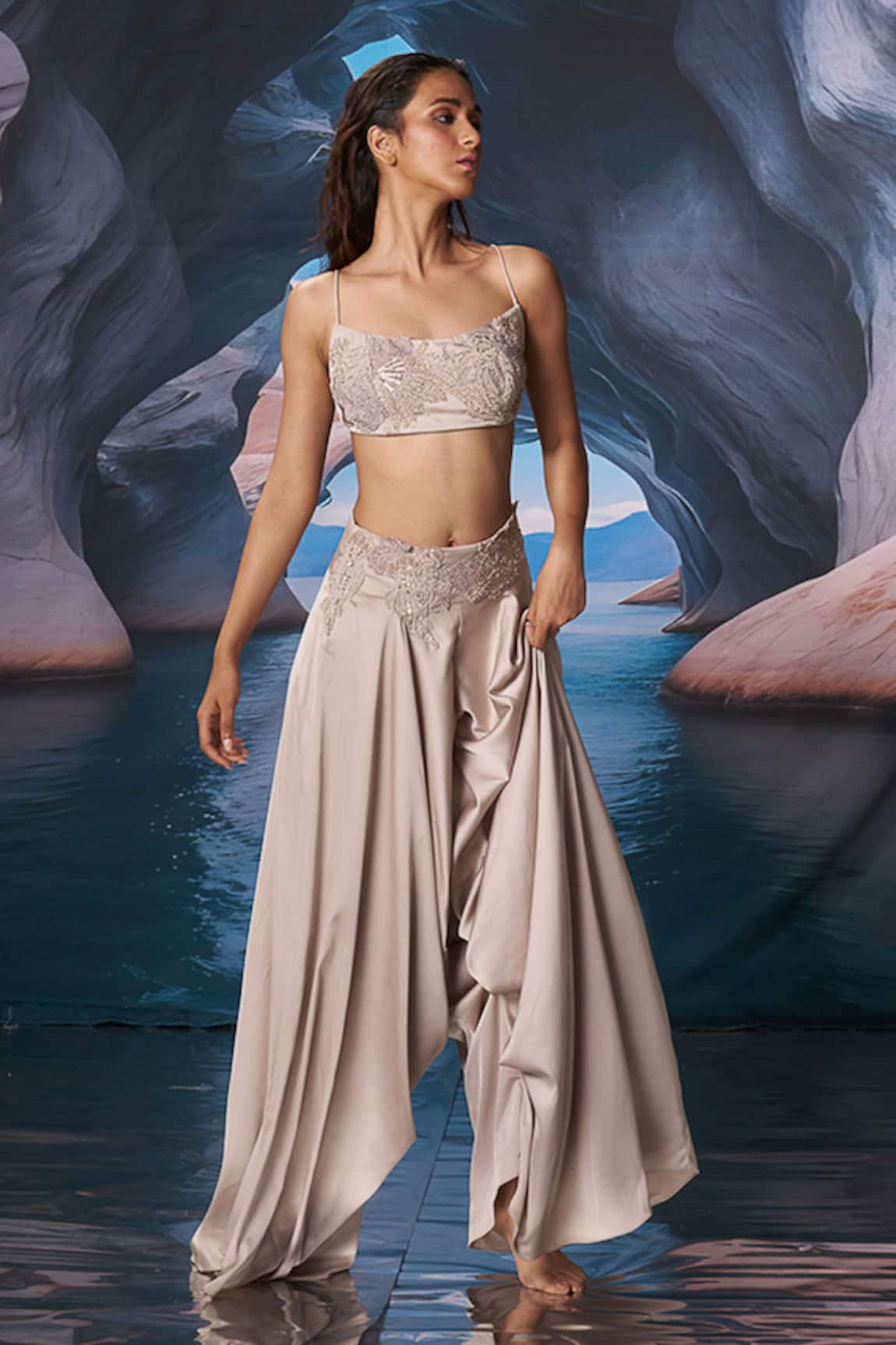 Amrta By Guneet Kondal Neutral Satin Embroidered Fusion Set 