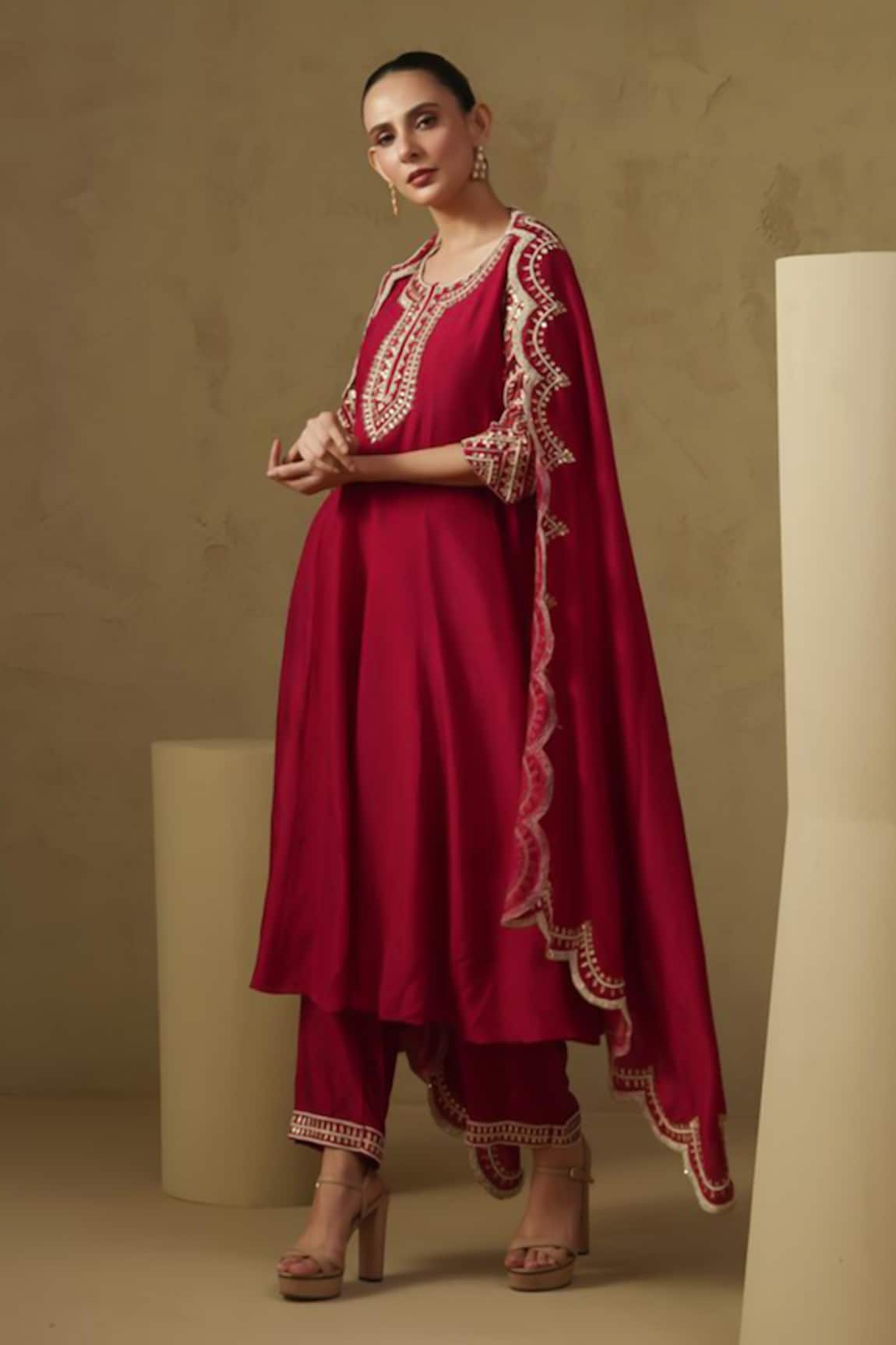 Kesar Studio Red Silk Hand Embroidered Anarkali Set 