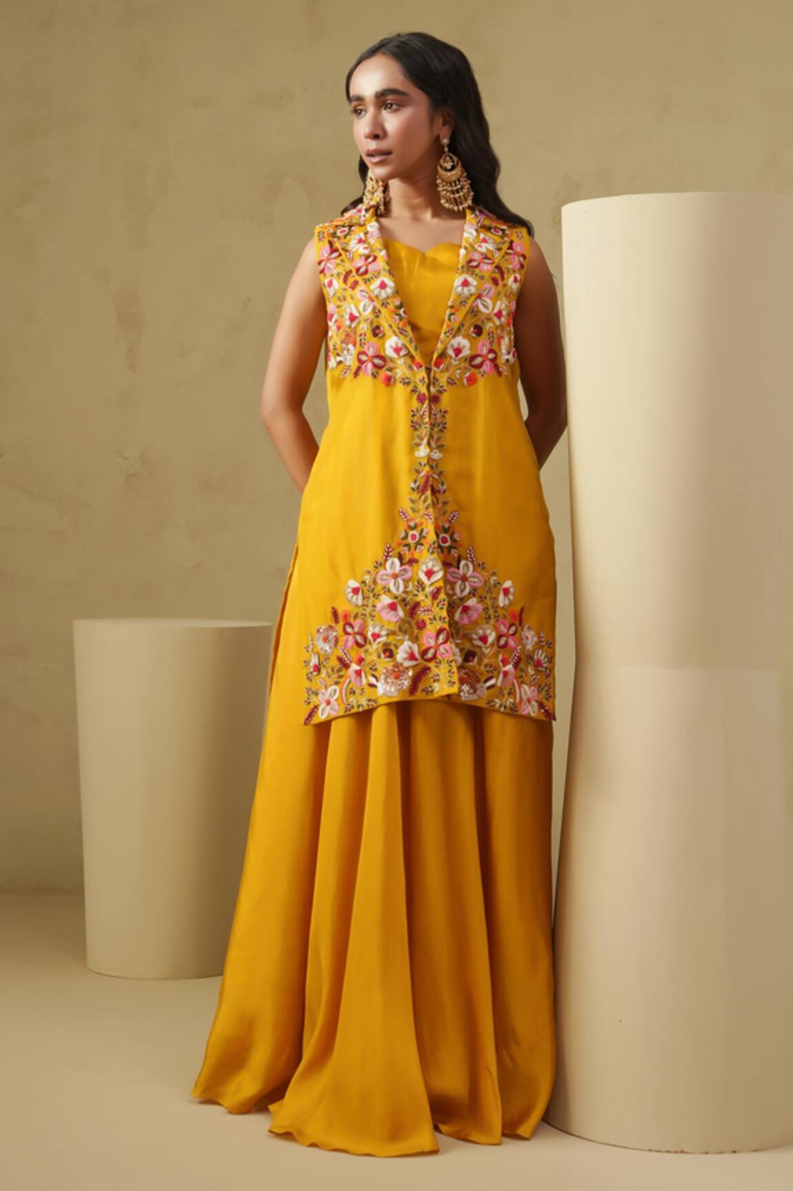 Kesar Studio Mustard Yellow Hand Embroidered Jacket Set 