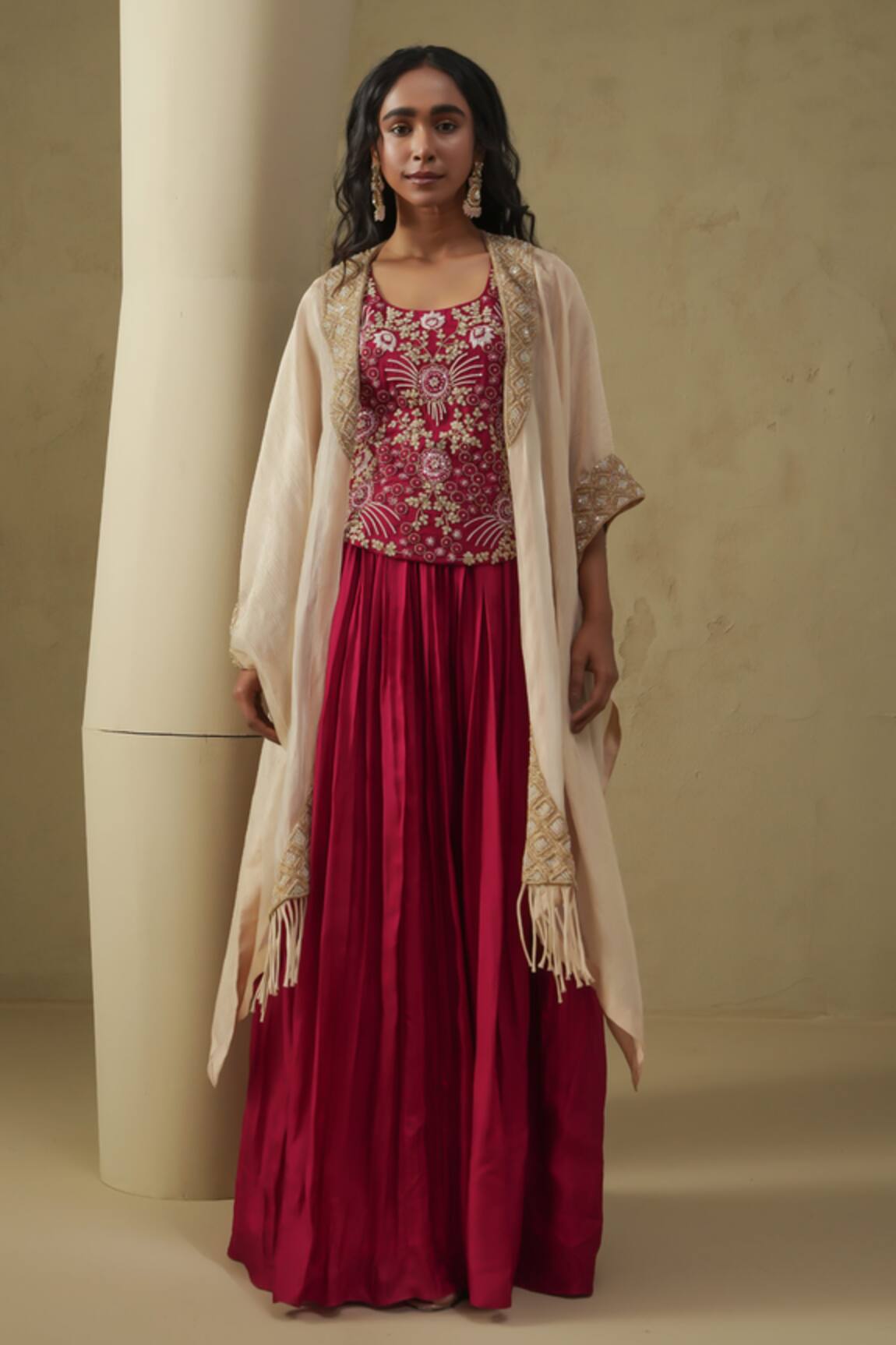 Kesar Studio Red & Champagne Cape Skirt Set 
