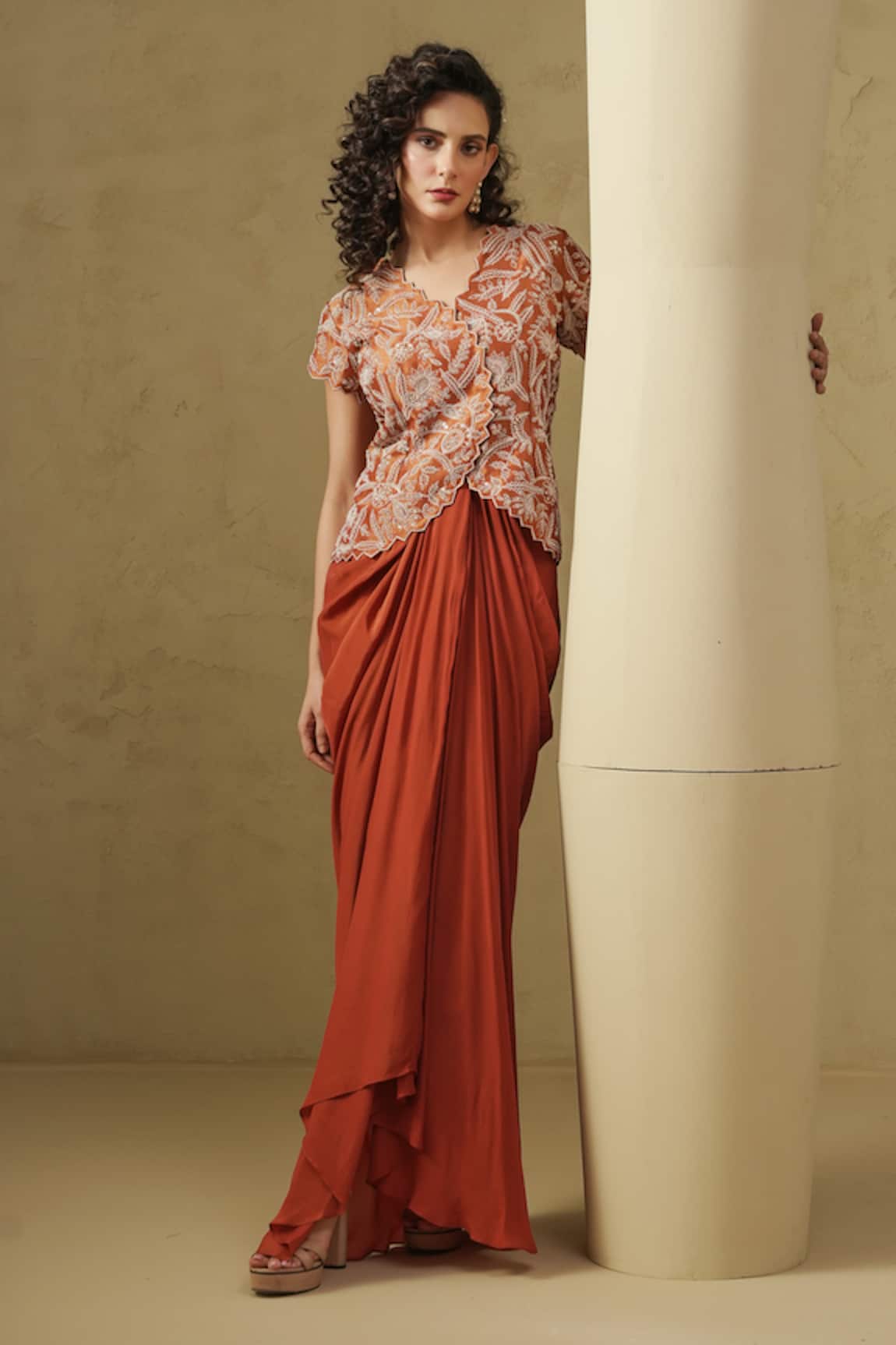 Kesar Studio Rust Orange Draped Jacket & Skirt Set 