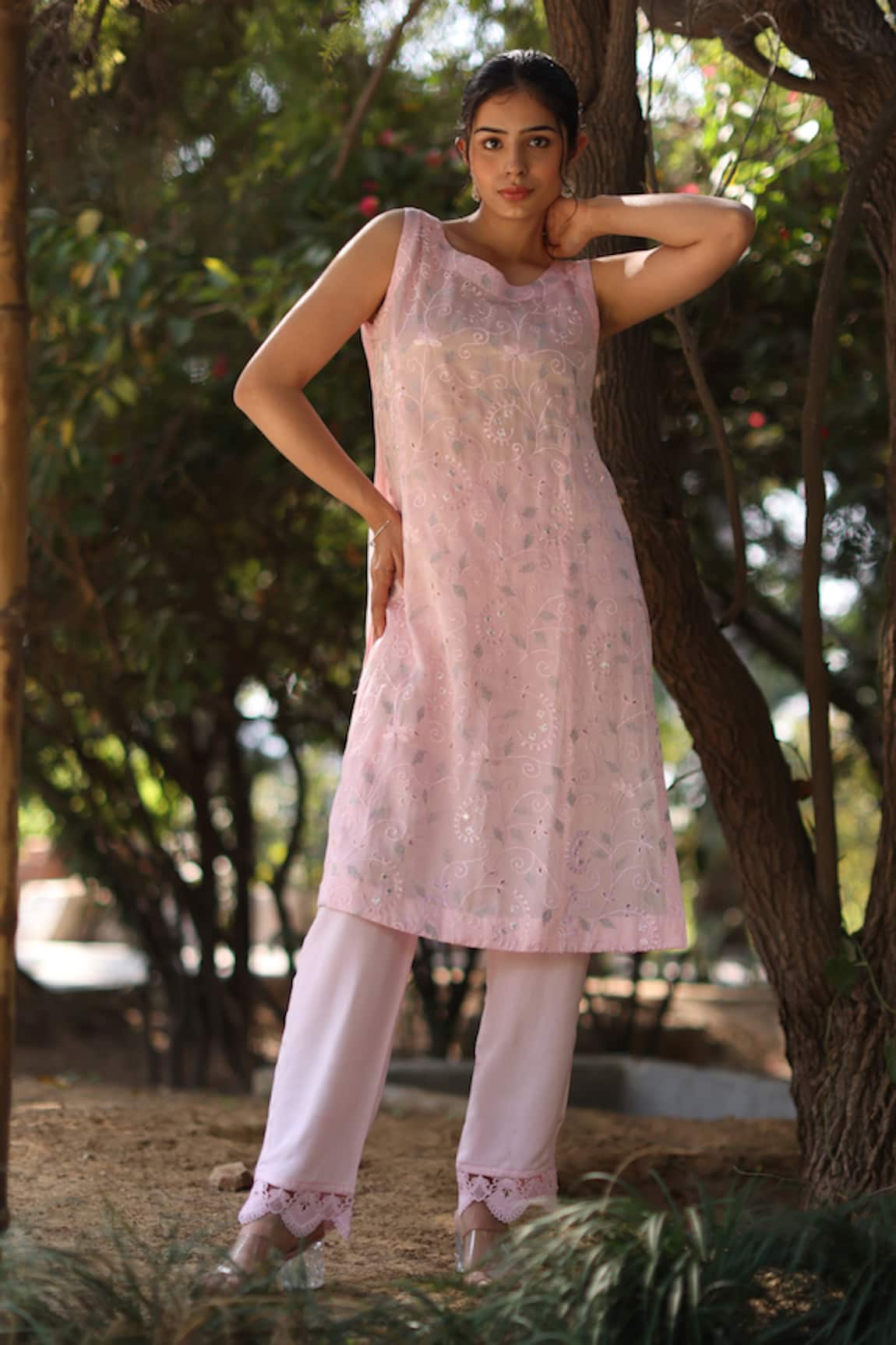 Nazar By Indu Blush Pink Organza Satin Kurta & Pant Set 