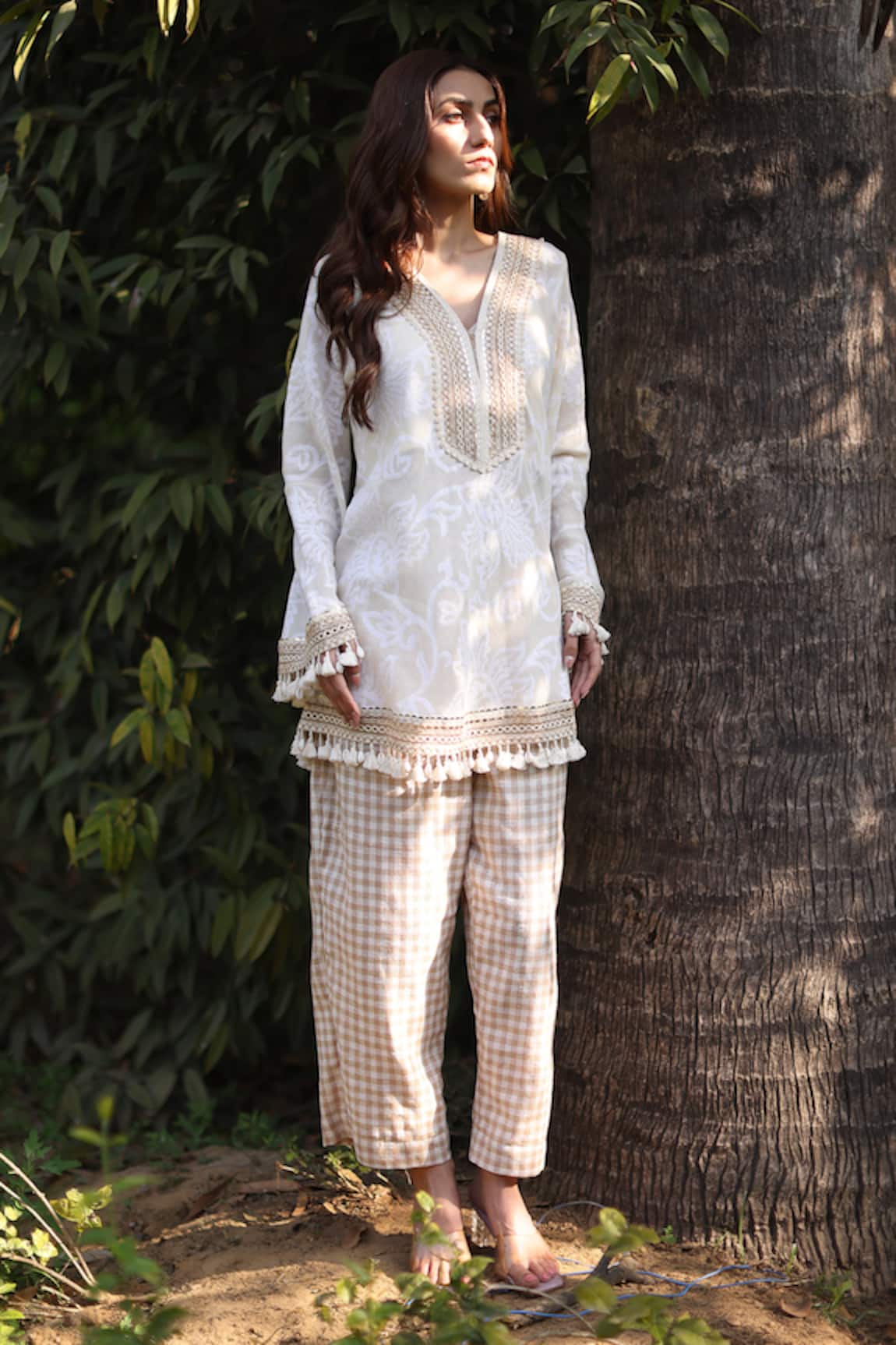 Nazar By Indu Ivory Cotton Jacquard Tunic & Pant Set 