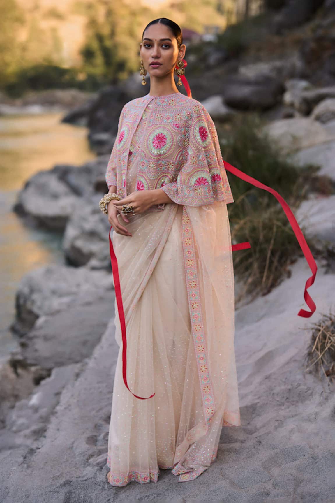 Surily G Multi Cutbeads Embroidered Net Saree 