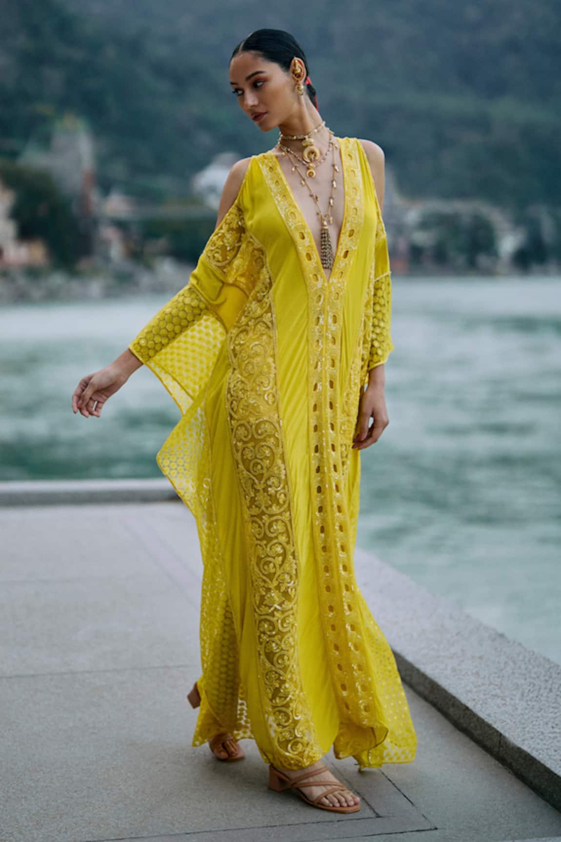 Surily G Yellow Sequined Long Kaftan 