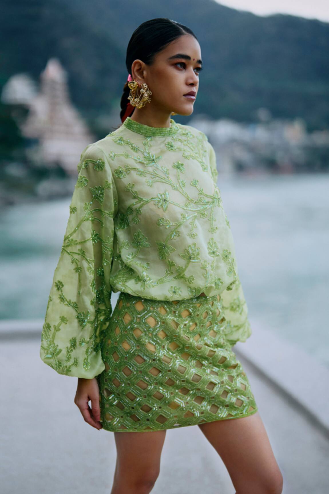 Surily G Green Cutwork Embroidered Short Skirt 