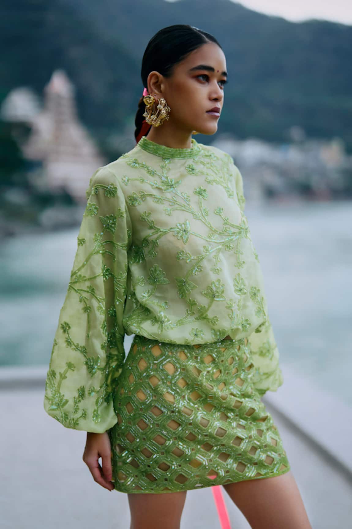 Surily G Green Organza Embroidered Top 