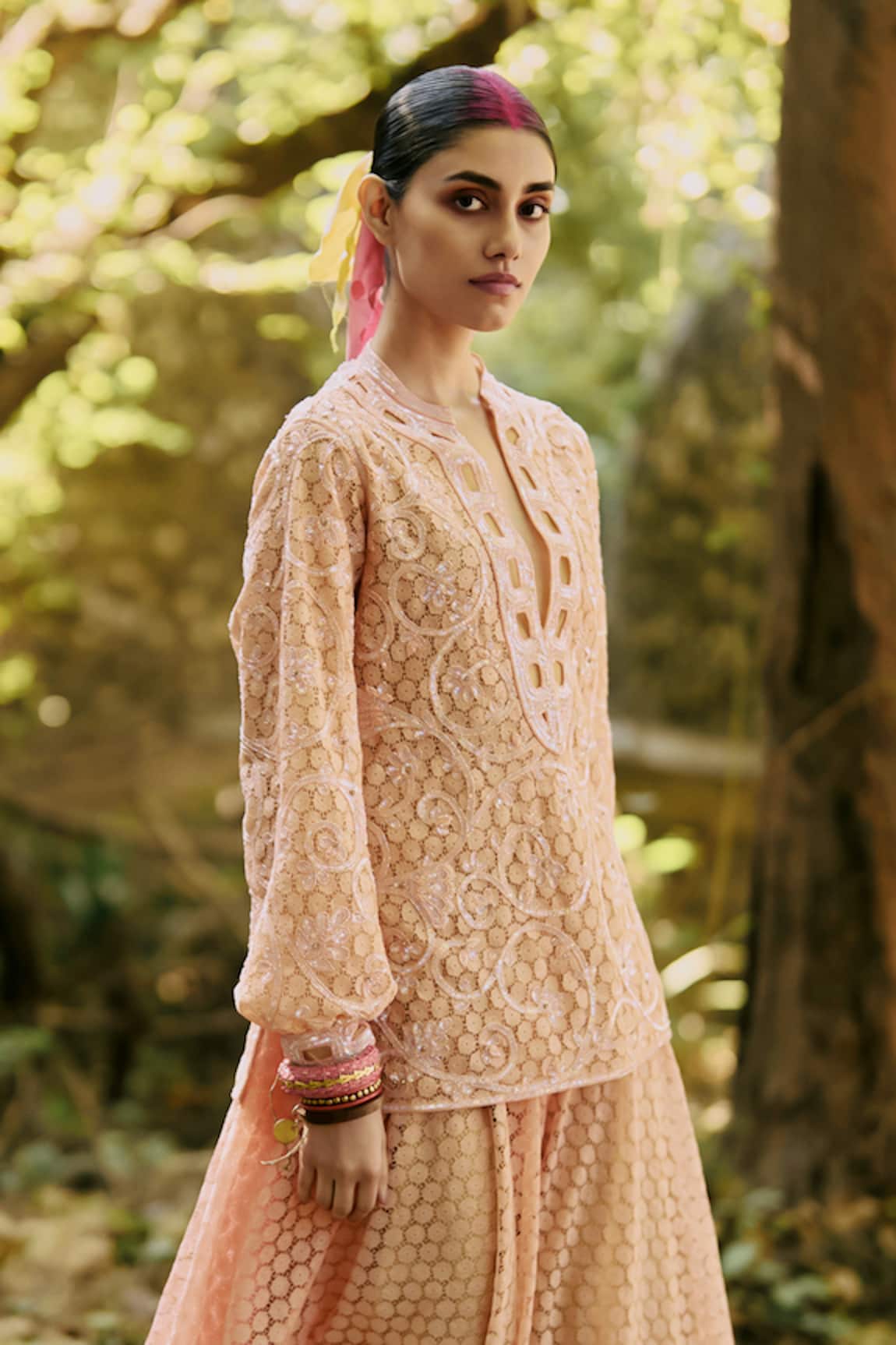 Surily G Peach Lace Top with Jaal Embroidery 