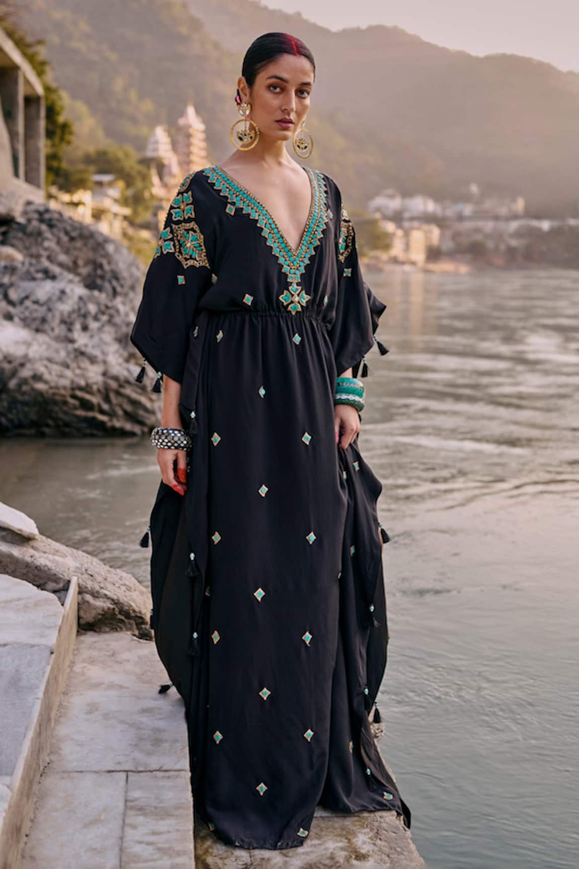 Surily G Black Long Kaftan With Turquoise Embroidery 