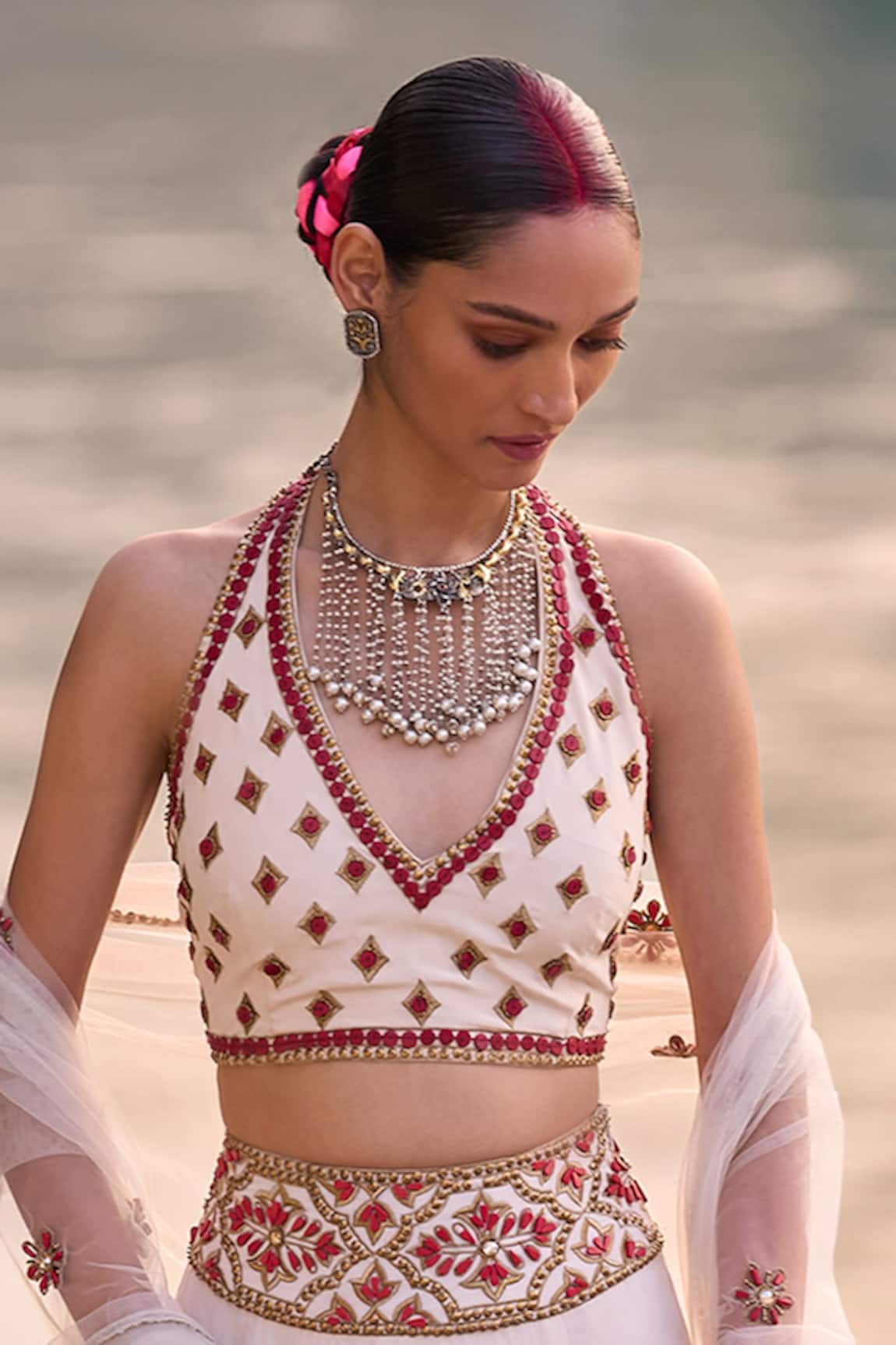 Surily G Ivory Halter Blouse with Embroidery 