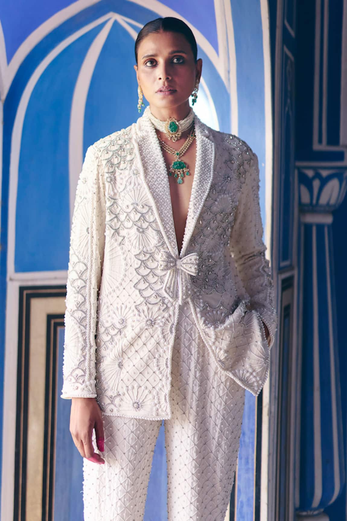 Surily G Ivory Pearl Embroidered Blazer 