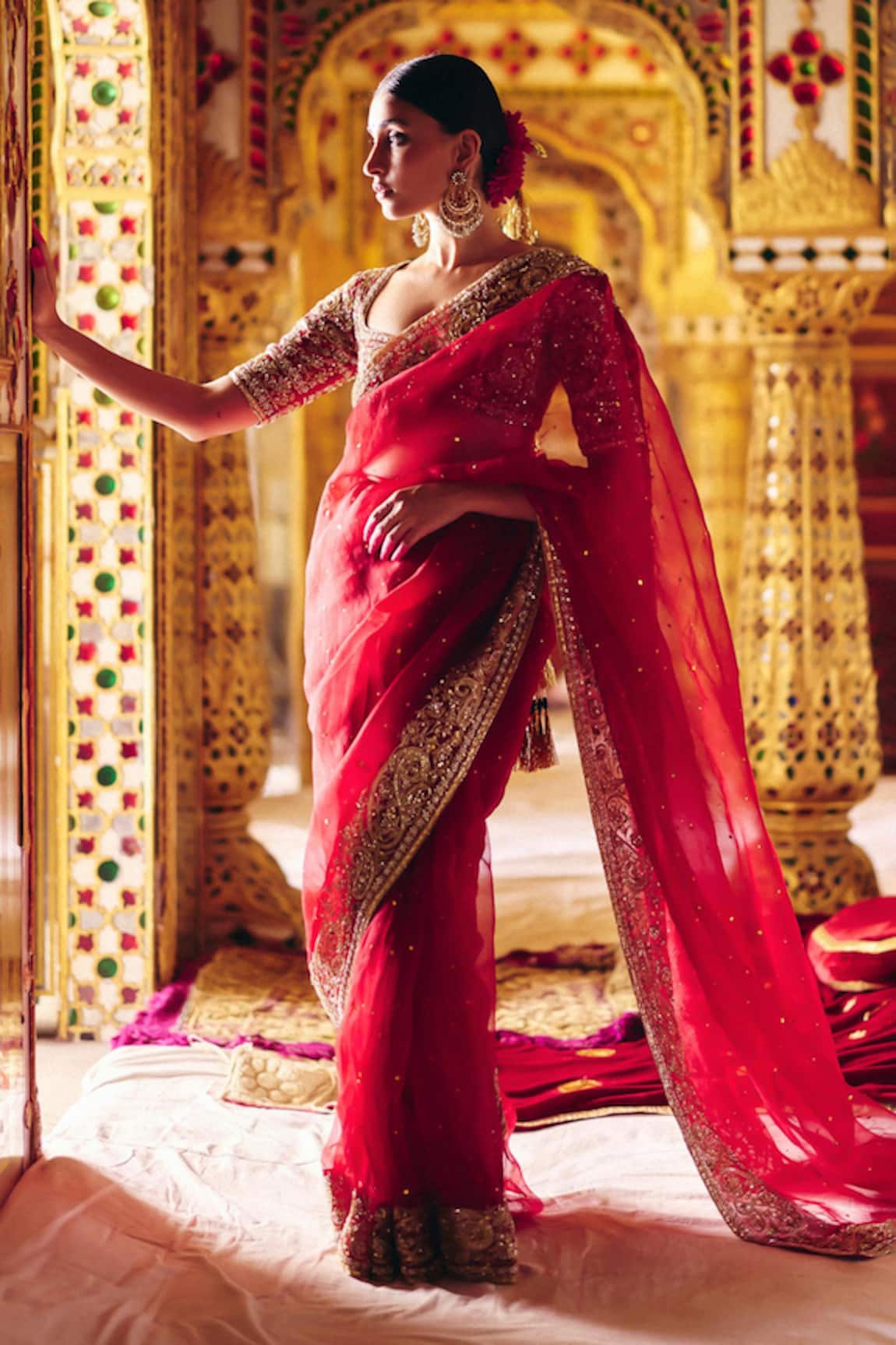 Surily G Red Zardosi Embroidered Organza Saree 
