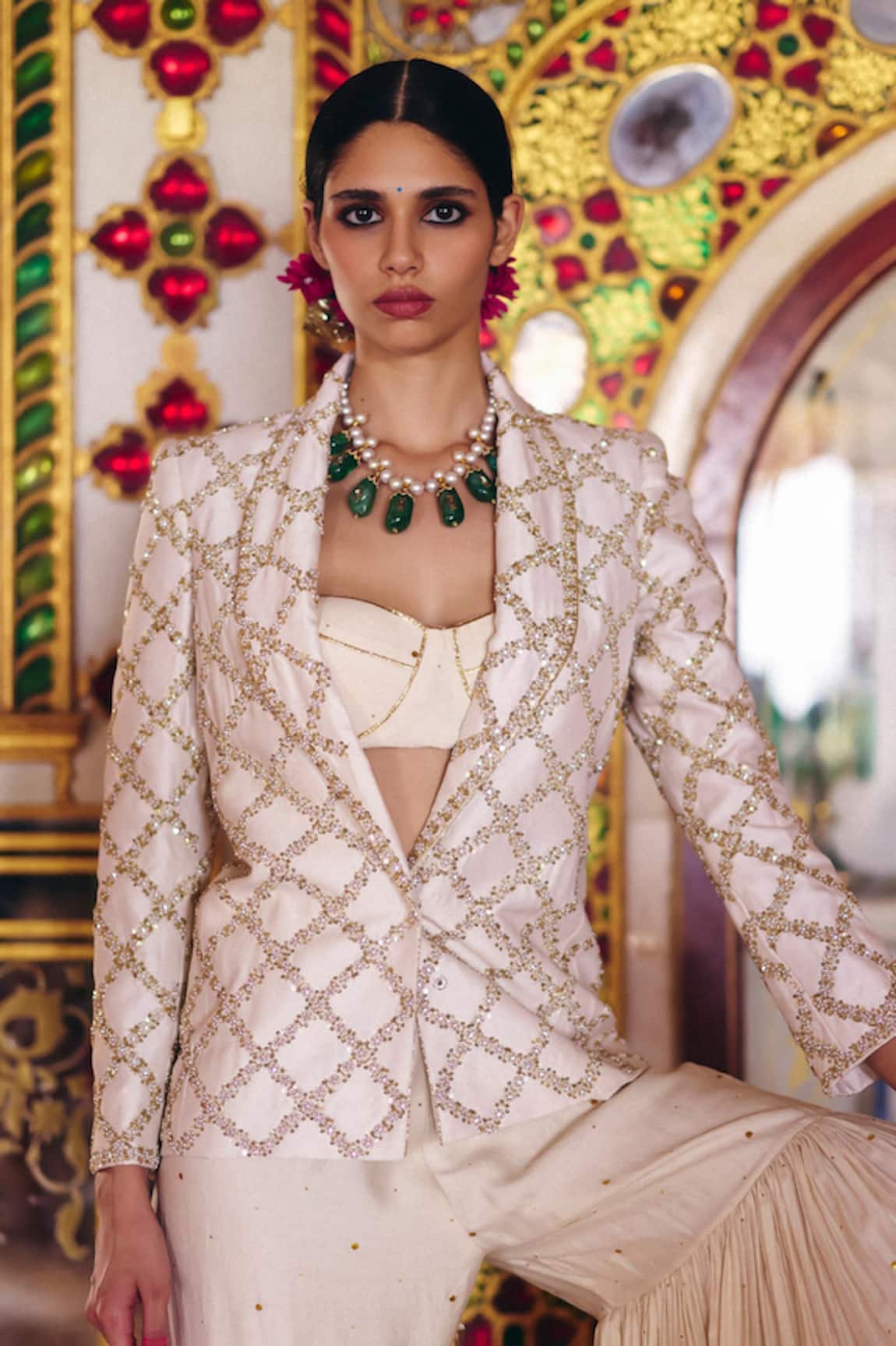 Surily G Ivory Zardosi Embroidered Blazer 