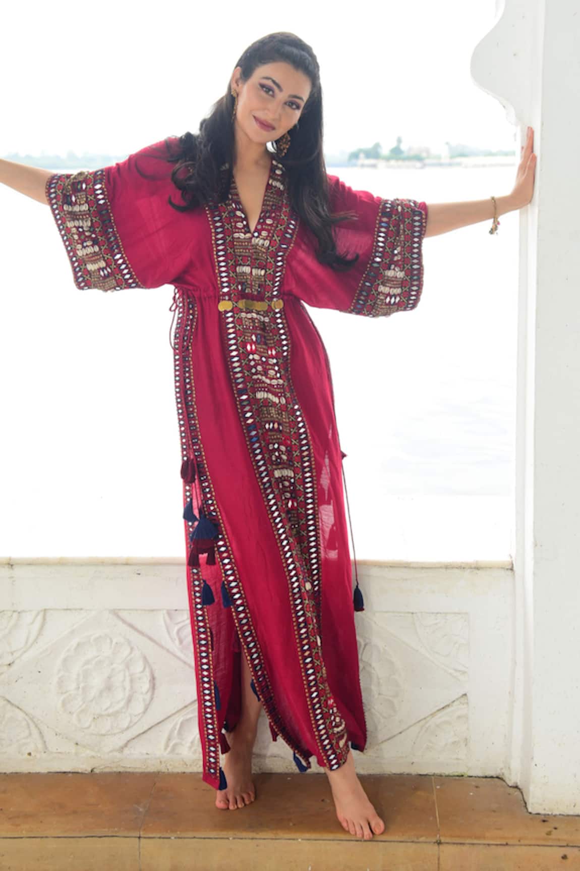 Surily G Maroon Tribal Kaftan with Embroidery 