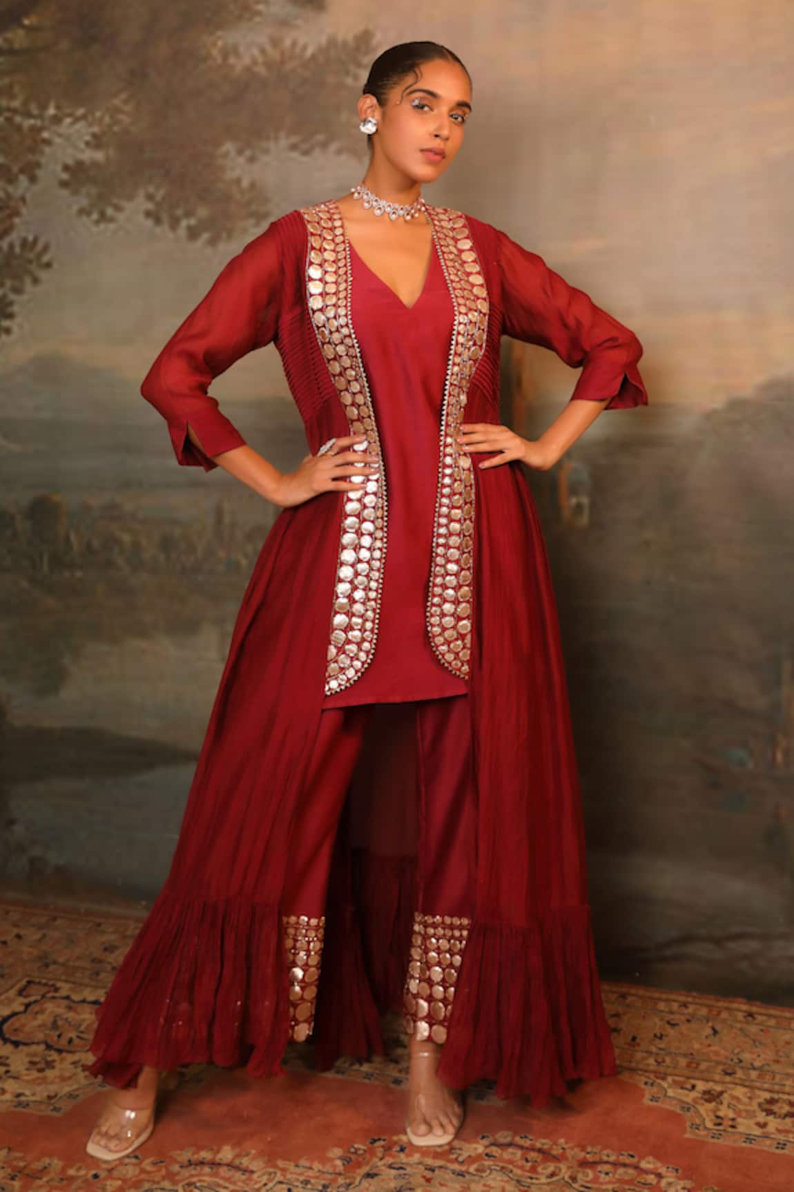 Jigya Japra Cherry Red Chanderi Palazzo Shrug Set 