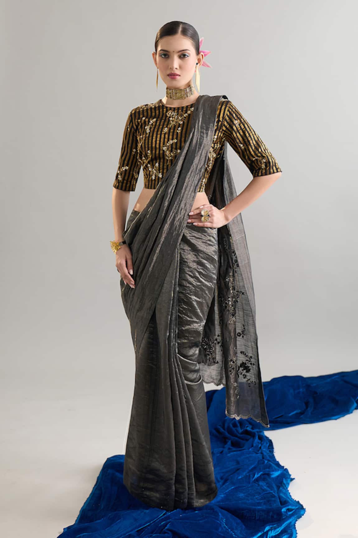 Anantaa By Roohi X AZA Black Embroidered Silk Chanderi Saree Set 