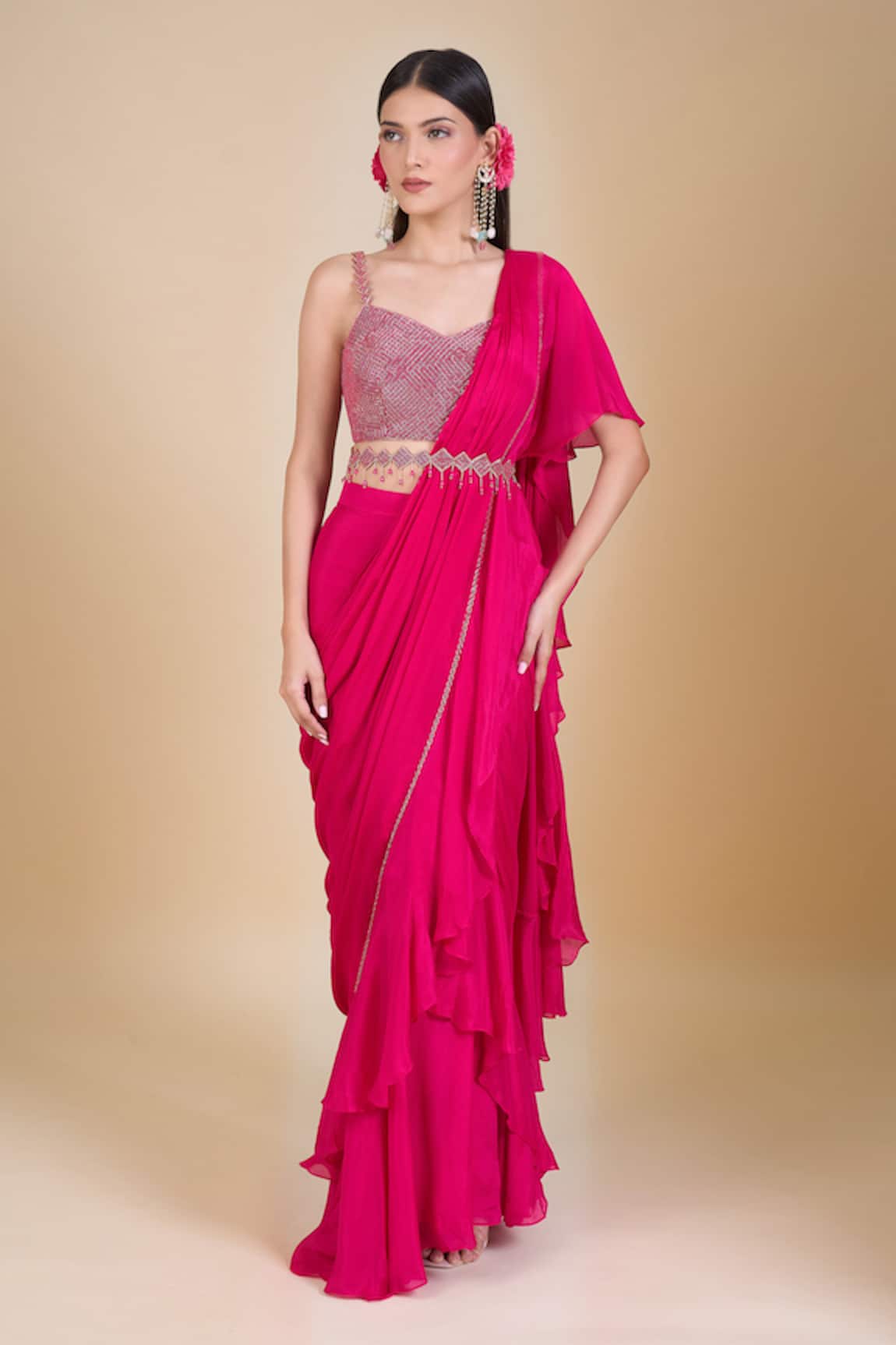 Samyukta Singhania Magenta Hand Embroidered Blouse & Saree Set 