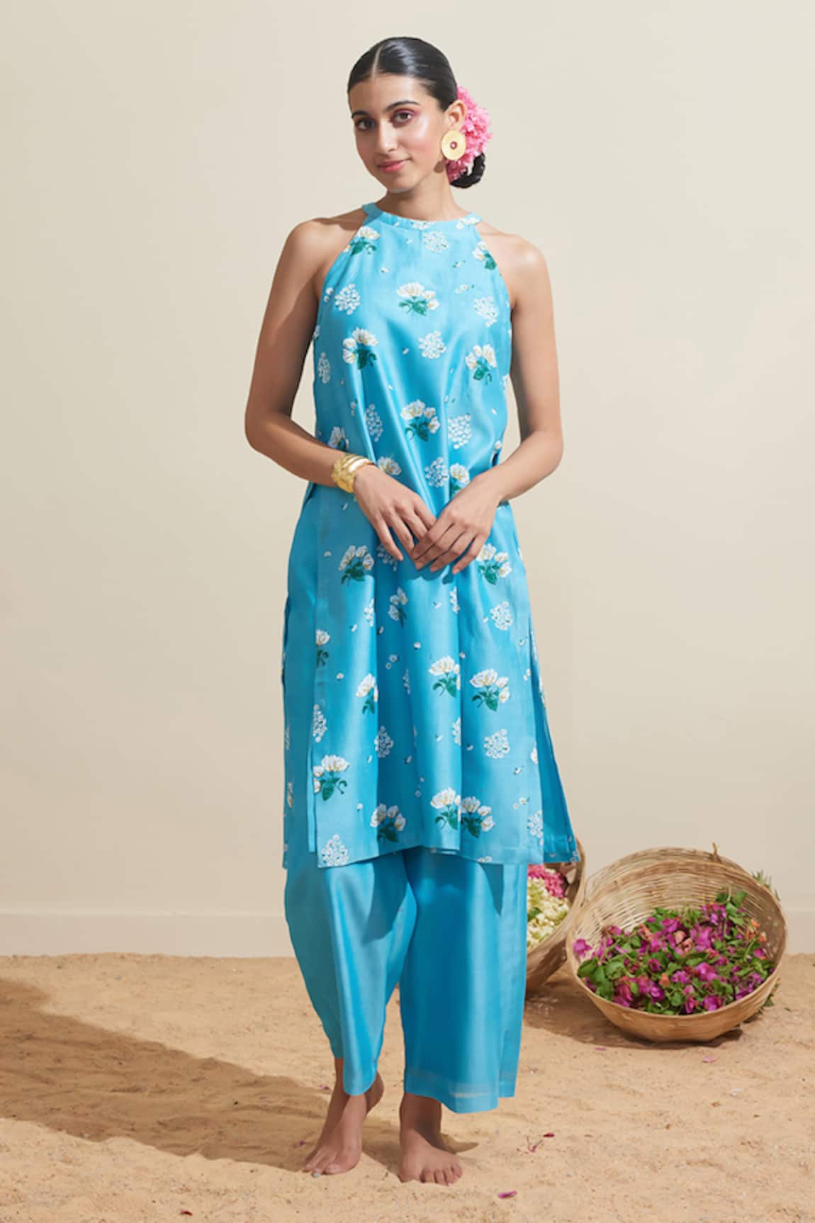 Dressfolk Aqua Blue Chanderi Kurta & Pant Set 