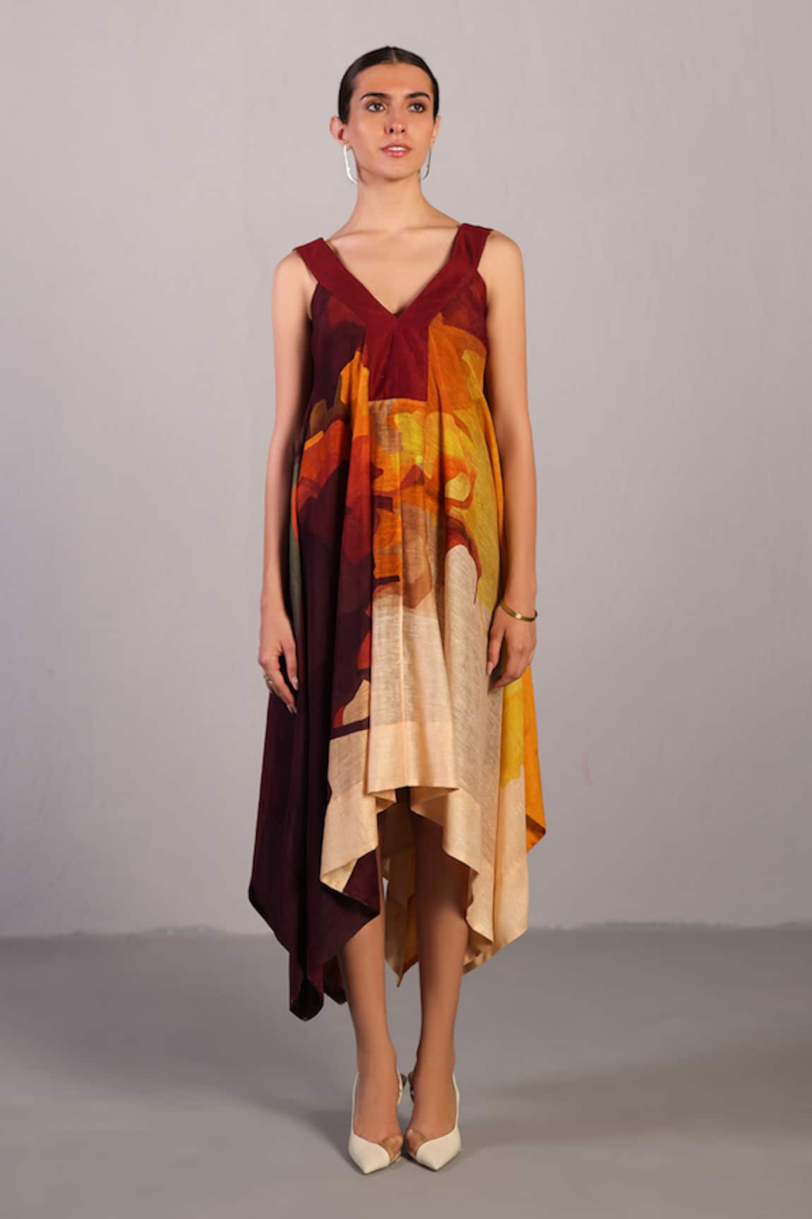 Clos Wine & Cream Asymmetric Designer Dress 