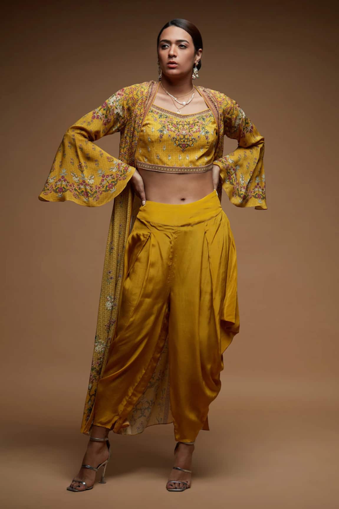 Nirraamyaa Mustard Rhinestone Embellished Jacket Set 