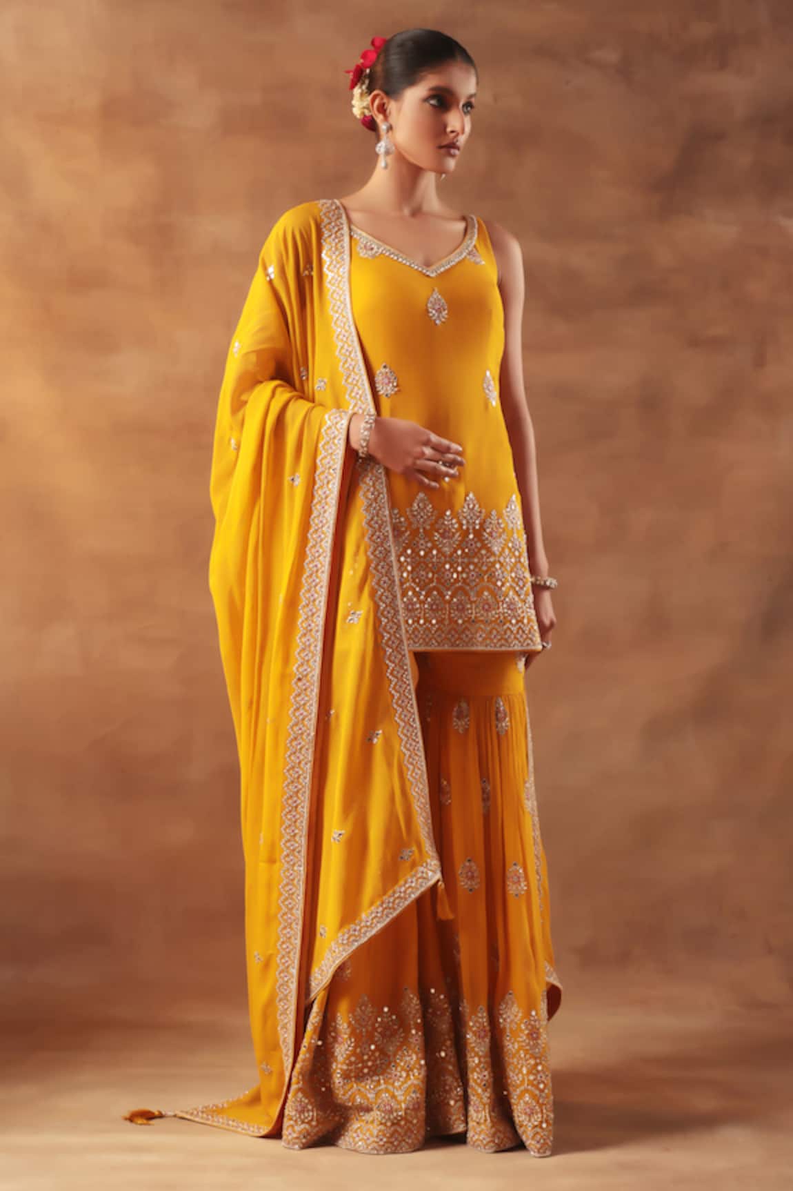 Meenagurnam Yellow Embroidered Sharara Kurta Set 