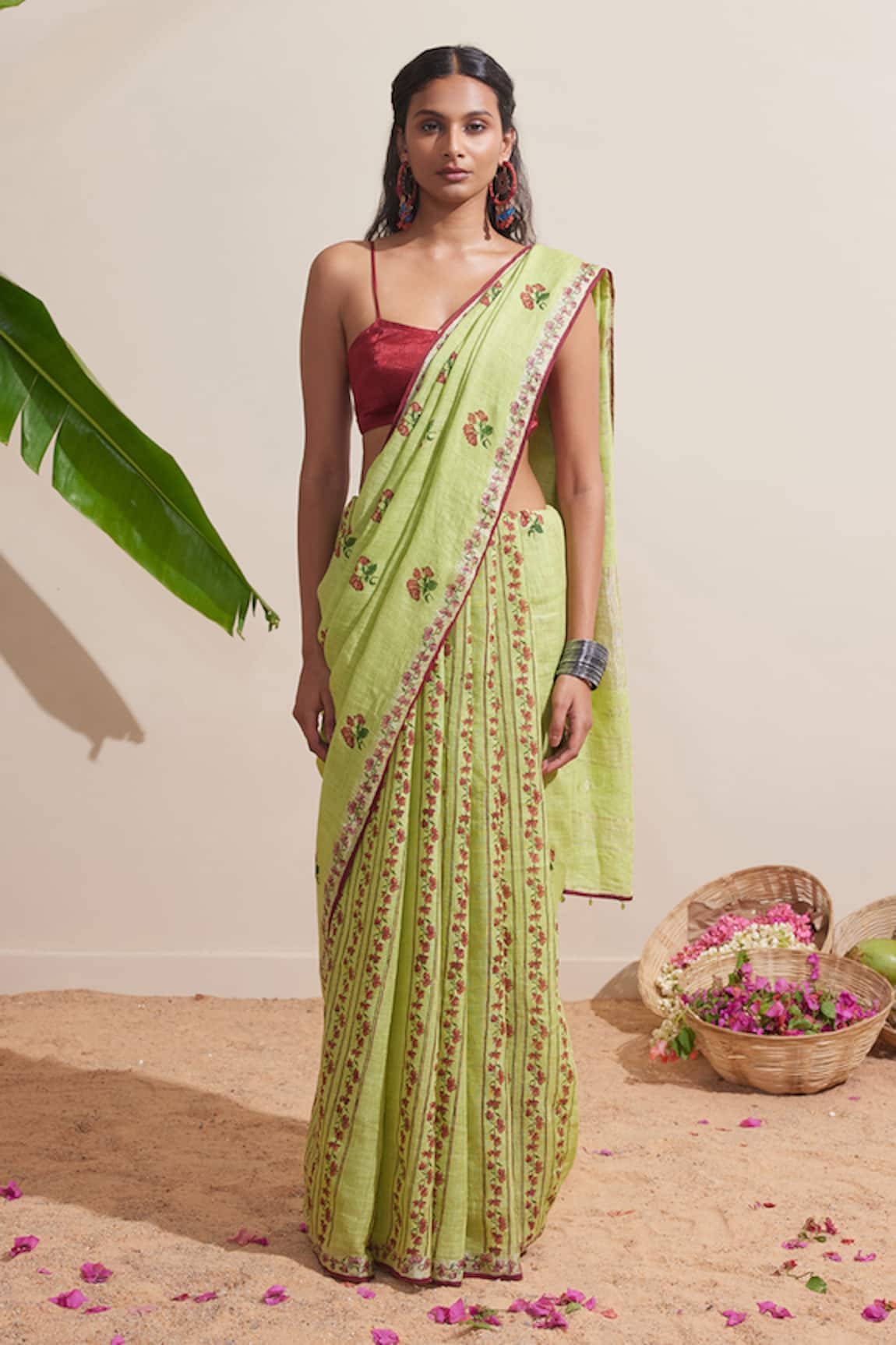 Dressfolk Embroidered Green Linen Saree 