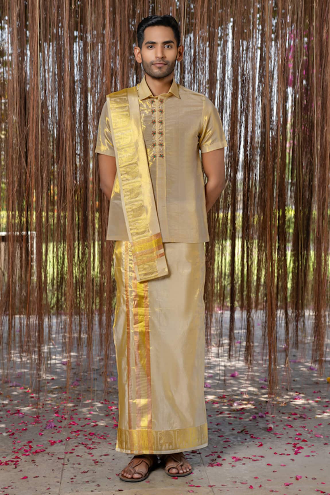 Hilo Design Gold Tissue Kanjivaram Embroidered Set 