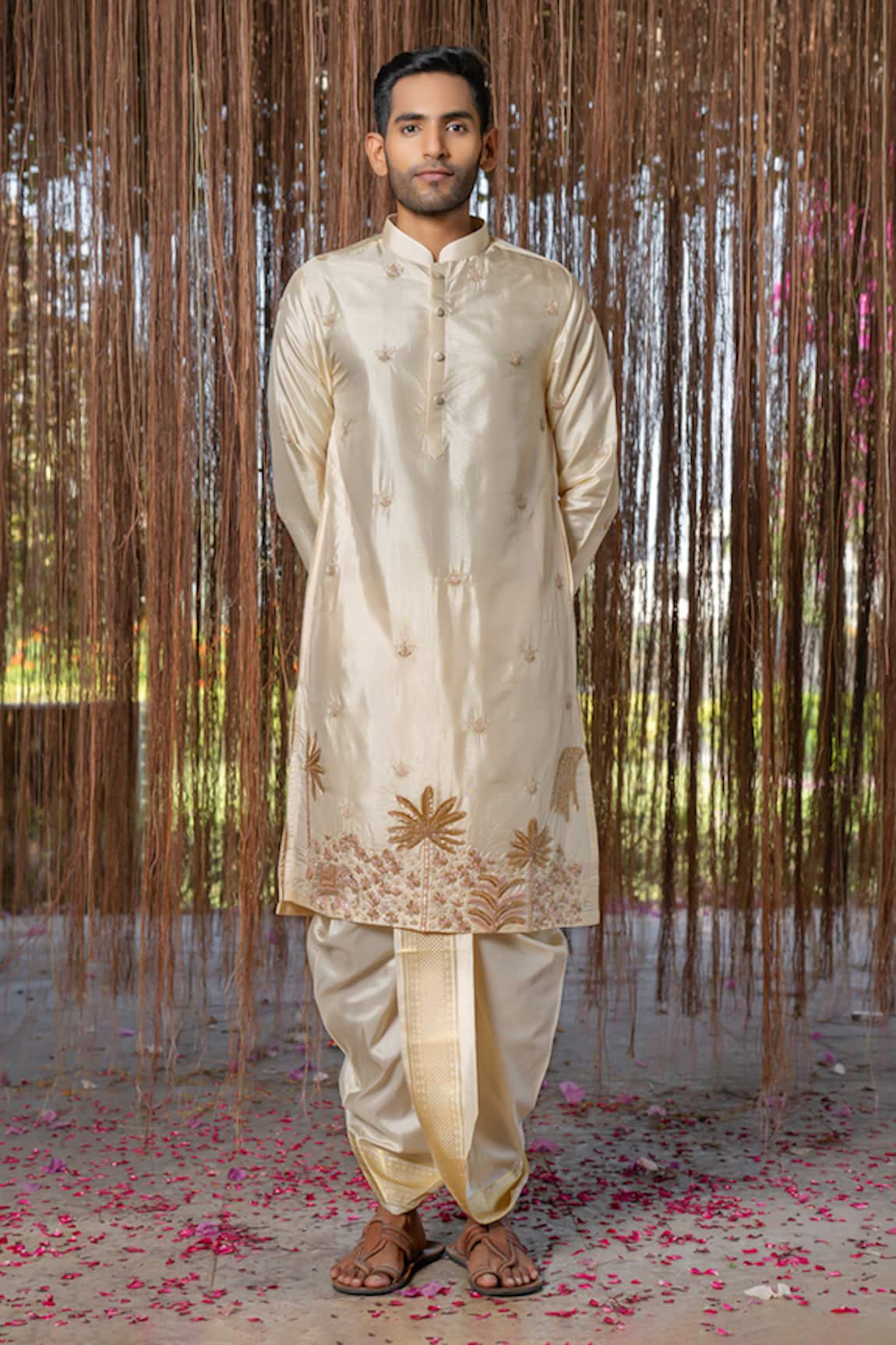 Hilo Design Cream Kanjivaram Embroidered Set 
