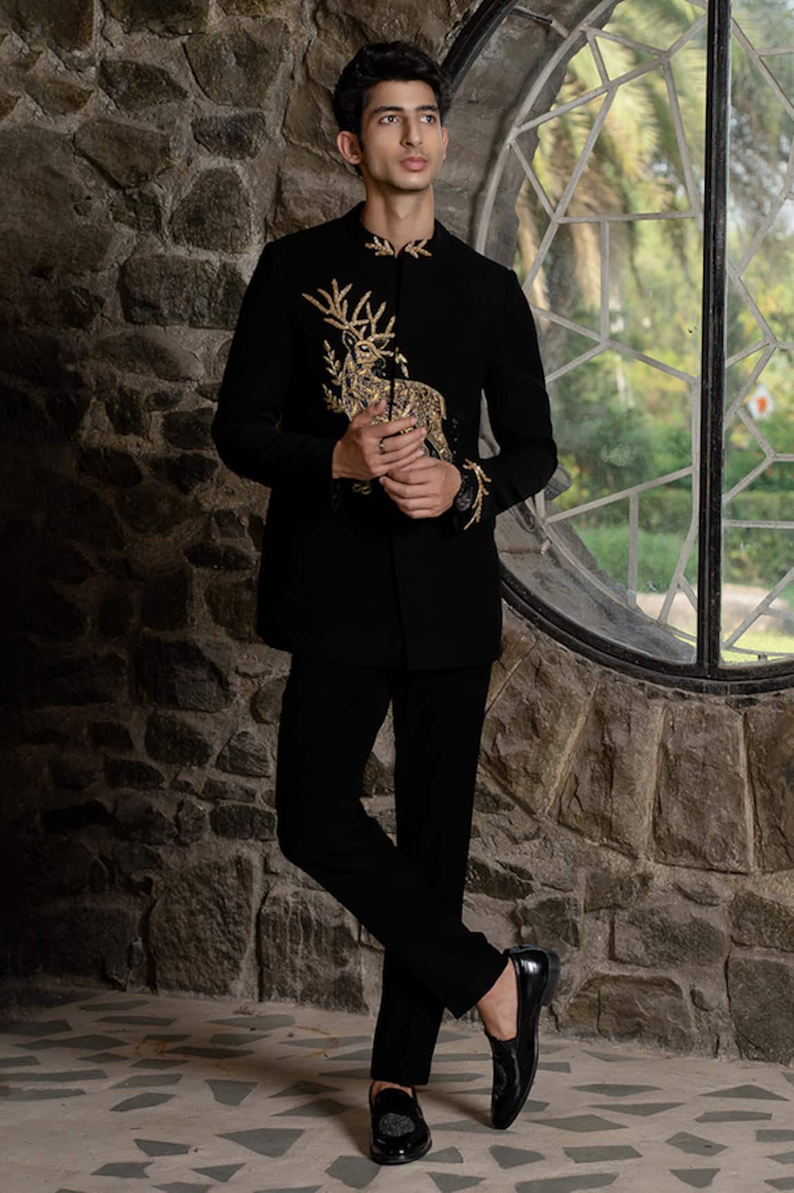 Hilo Design Black Bandhgala with Zardosi Work 
