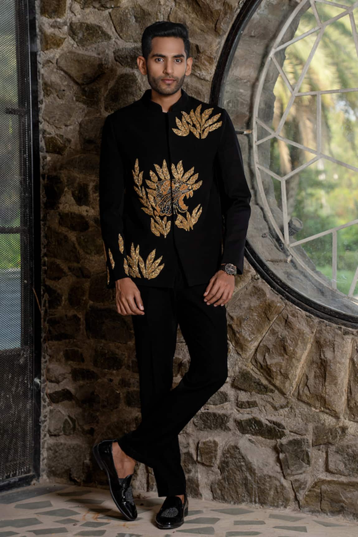 Hilo Design Black Embroidered Bandhgala Suit 