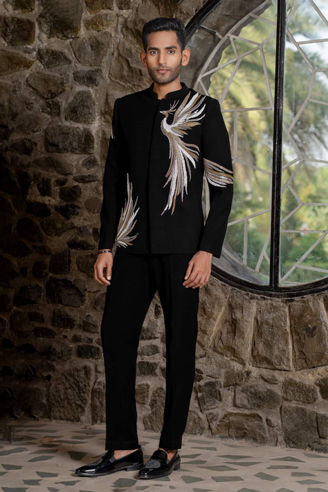 Hilo Design Black Bandhgala with Peacock Embroidery 