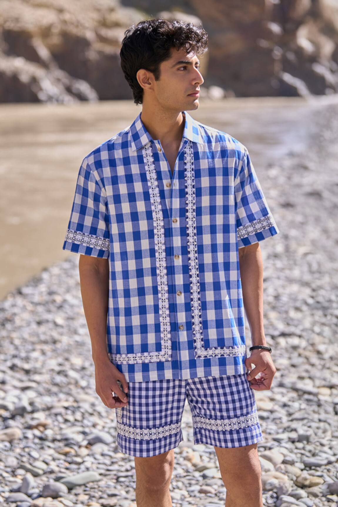 Dash And Dot Madras Embroidered Blue Shorts Set 