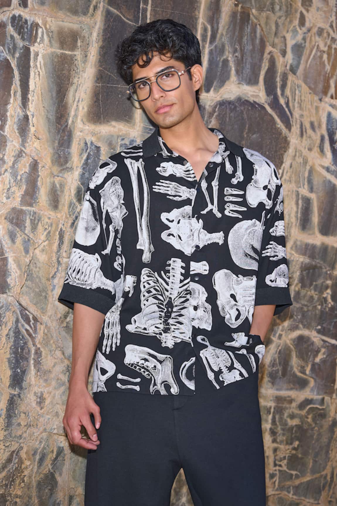 Dash And Dot Bones Print Black Shirt 