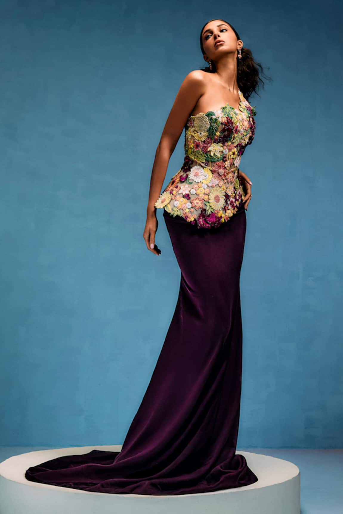 Taali Burgundy Floral Embellished Corset Skirt Set 