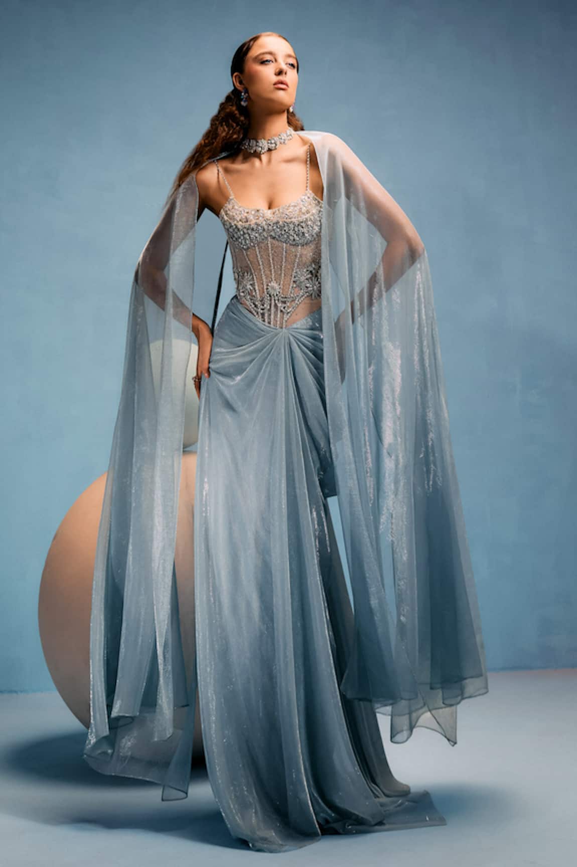 Taali Ice Blue Hand Embellished Gown & Veil 