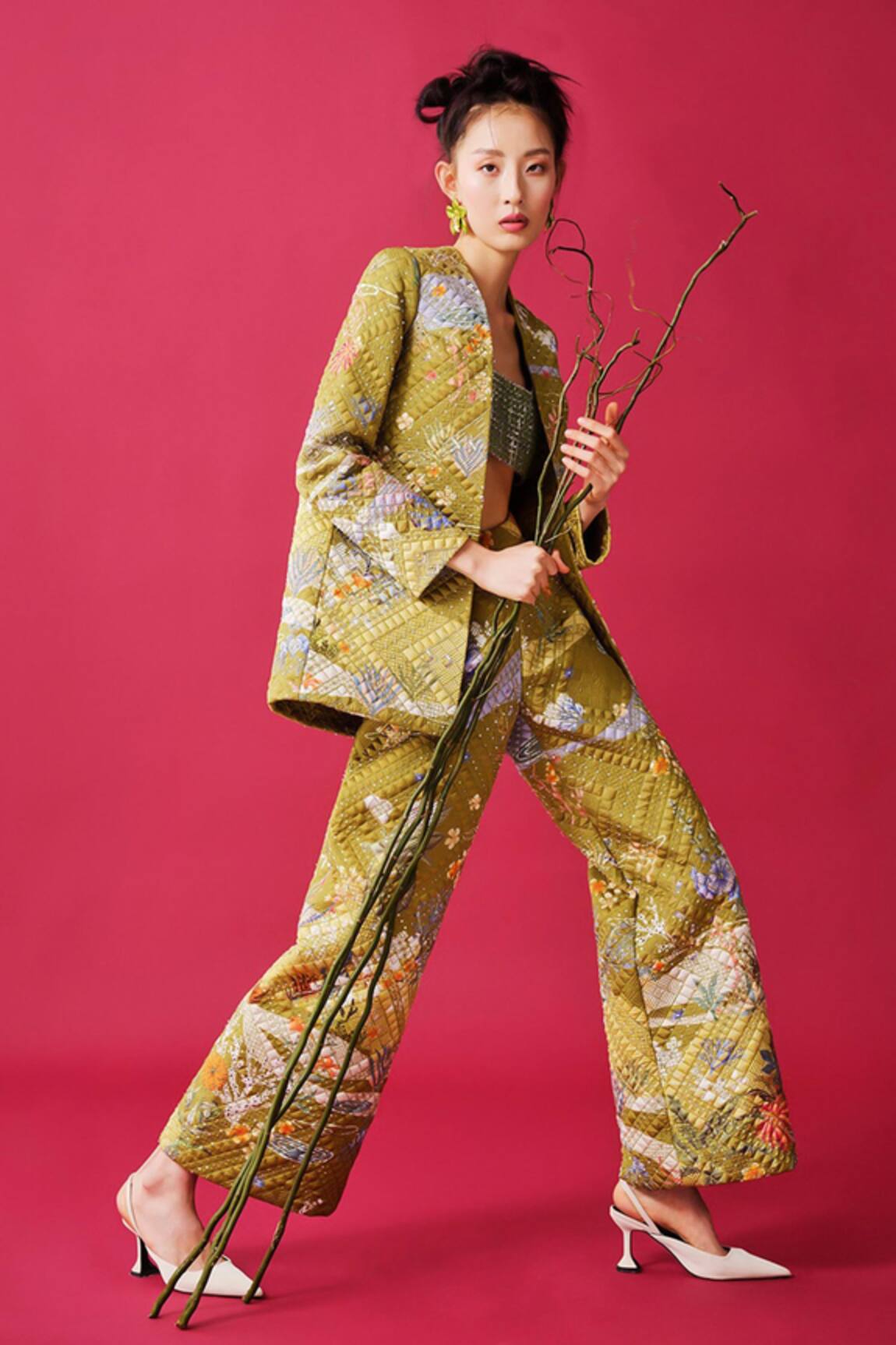 Taali Green Quilted Designer Jacket Set 