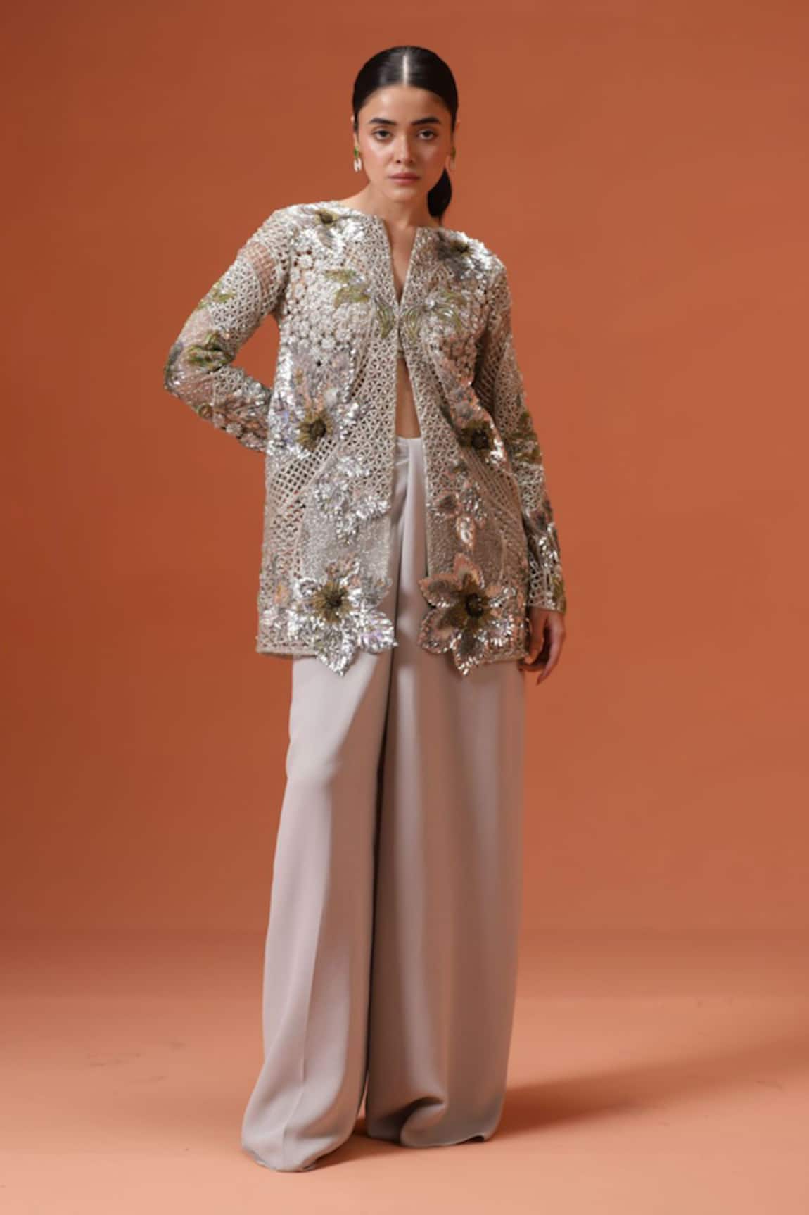 Taali Hand Embellished Silver Jacket & Palazzo Set 